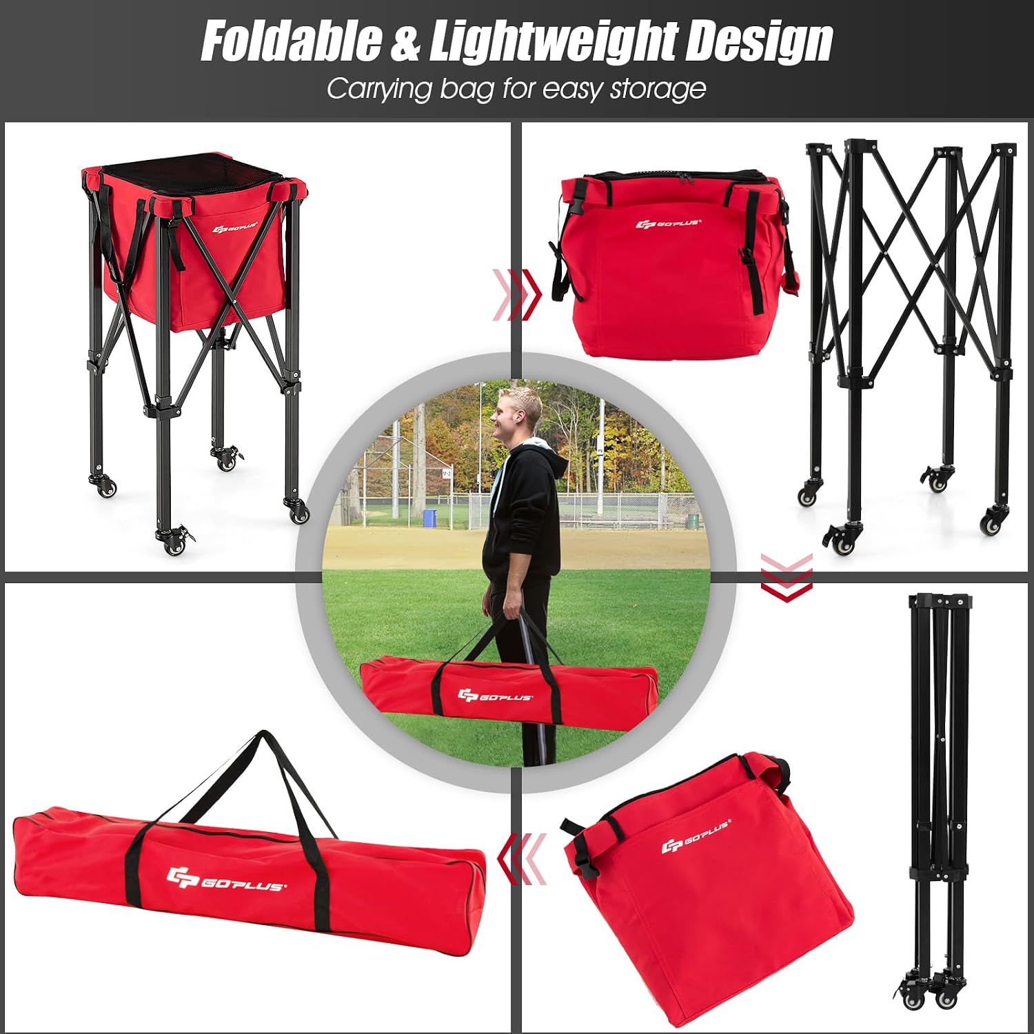 Goplus Foldable Tennis Ball Hoppers, Lightweight Aluminum Tennis Ball Basket with Wheels, Removable Bag, Side Pockets, Carry Bag, Portable Sports Teaching Cart Holds 150 Tennis Balls (Red) - Image 6