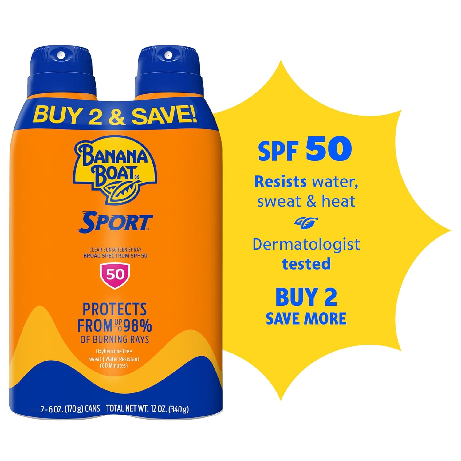 Banana Boat Sport Ultra SPF 50 Sunscreen Spray | Banana Boat Sunscreen Spray SPF 50, Water Resistant, Oxybenzone Free, Sunblock, 6oz each Twin Pack - Image 2