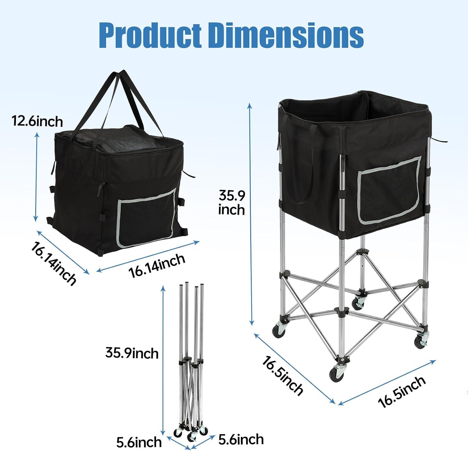 Tennis Ball Cart with Wheels & Brake (180 Capacity) – Heavy Duty Stainless Steel Frame with Detachable Washable Bag – Foldable Travel Hopper for Tennis & Pickleball, Portable Carrier - Image 6