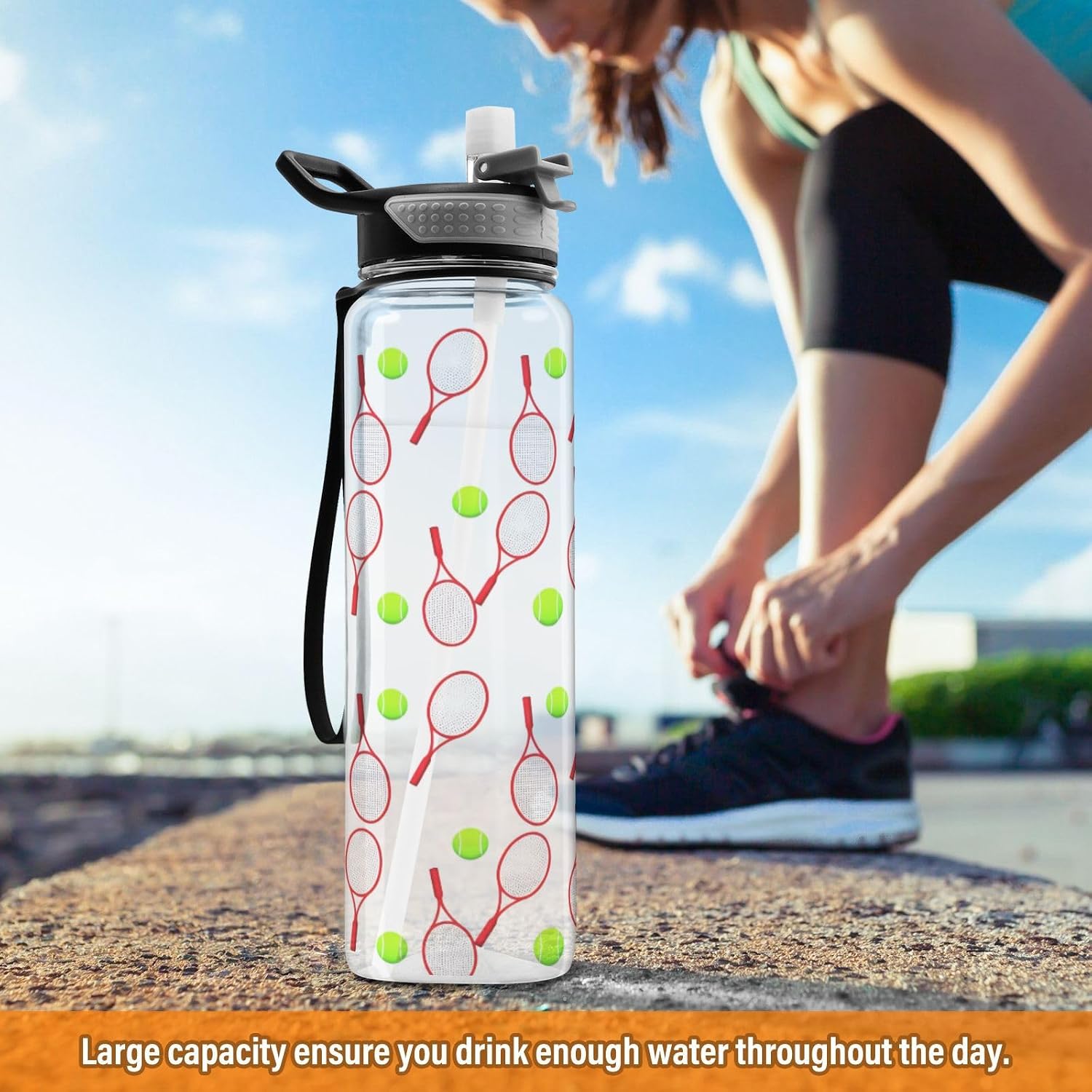 Tennis Balls Clear Water Bottle 32 Oz, Tritan Plastic Water Bottle with Straw, BPA-Free, Wide Mouth Leakproof Sports Water Bottles - Image 6