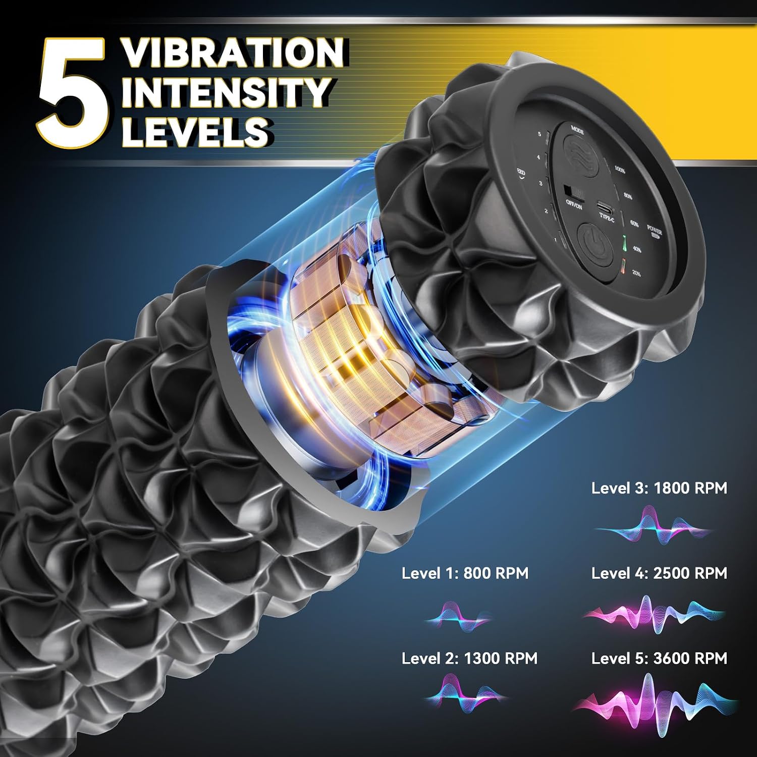 Vibrating Foam Roller, High Density Massage Roller for Back Pain Relief & Muscle Recovery and Physical Therapy, 5-Speed Rechargeable Exercise Roller, 2 Modes - Image 3