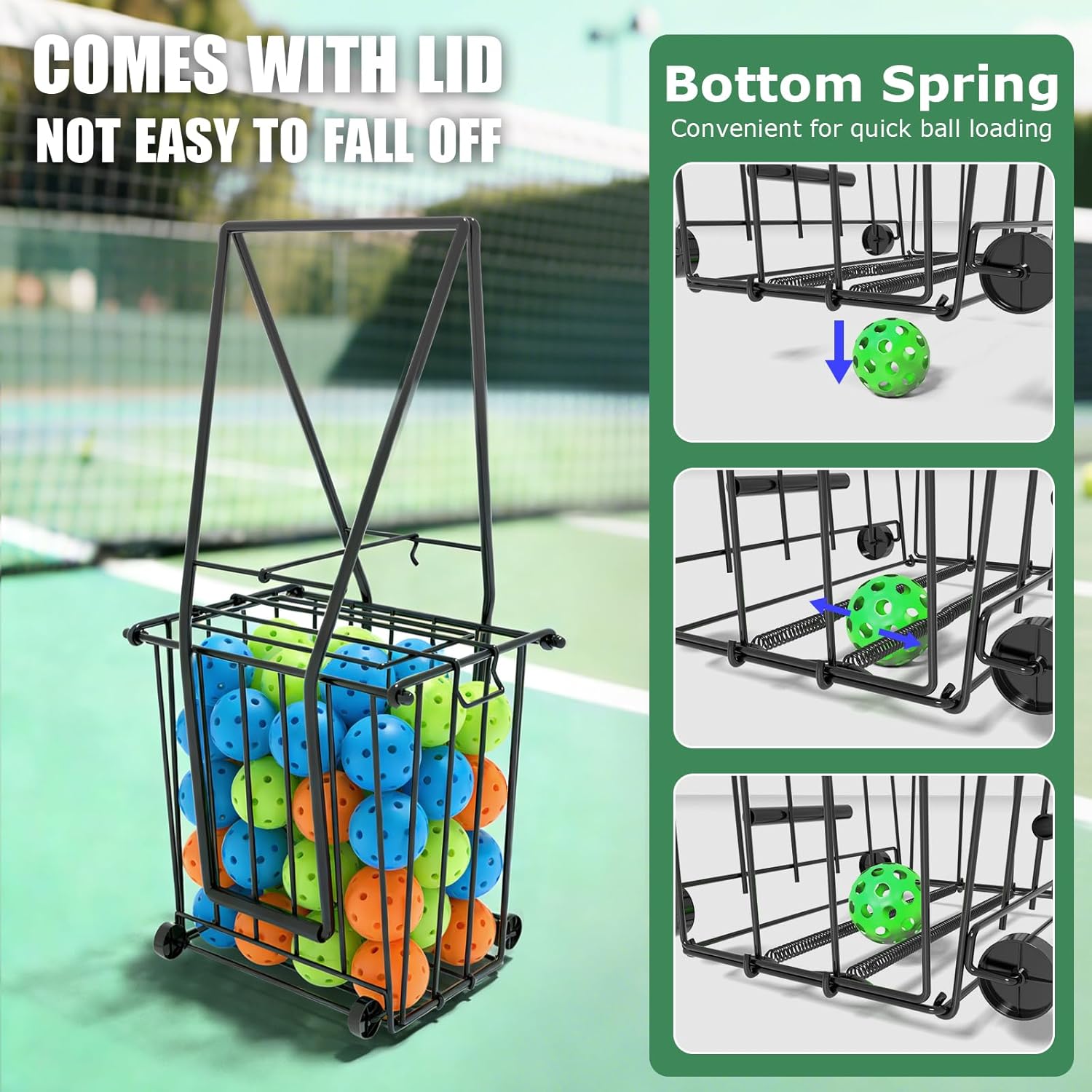 Tennis & Pickleball Hopper with Wheels – Ball Pick Up Basket, Pickleball Ball Retriever Ball Holder Storage Holds 75 Tennis Balls & 50 Pickleballs - Image 6