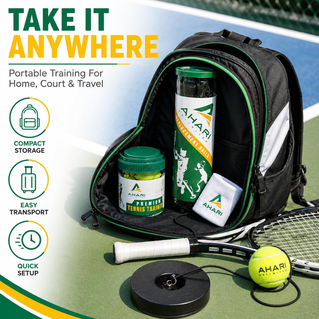 Premium Tennis Trainer Set, Pro Rebounder with Metal Base in a Carrying Cylinder, 3 Replacement Rebound Balls, & Wristband, Portable Tennis Practice Equipment for Solo Training - Image 6
