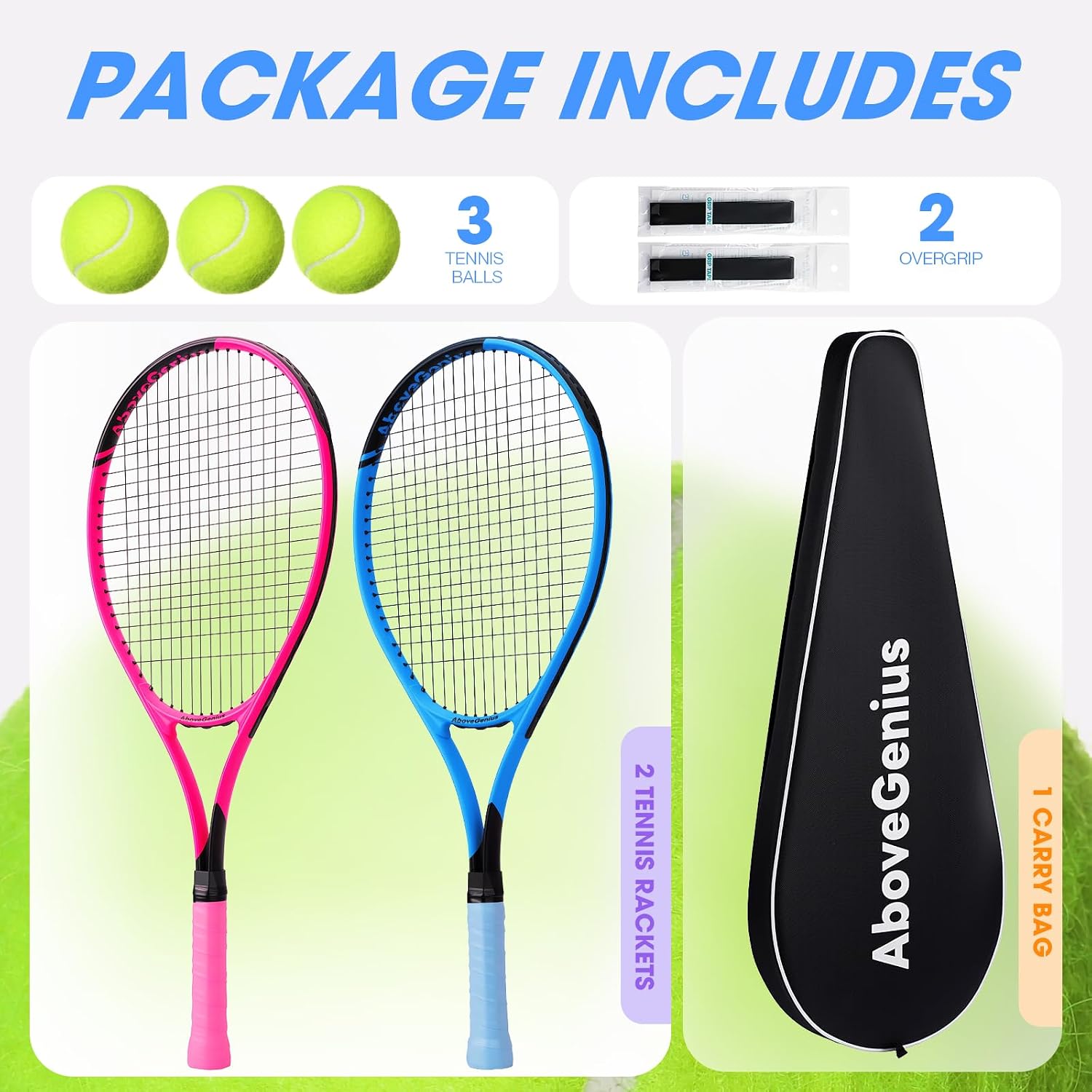 AboveGenius Neon Tennis Rackets 2 Pack for Adults- 27" Lightweight Aluminum Tennis Racquet Set with 3 Balls & Bag- Vibrant High-Visibility Matte Finish for Men Women Beginners - Image 7
