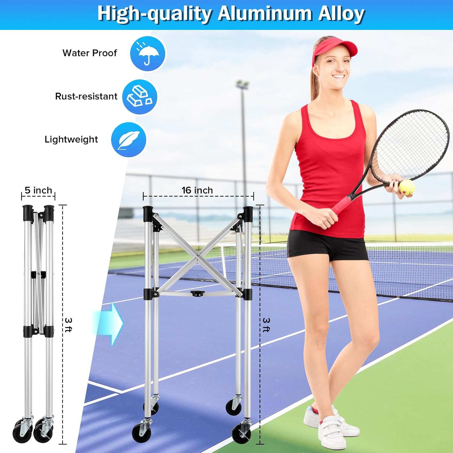 Angooni Professional Tennis Cart with Silent PU Wheels - 2 Capacity Choices (150/240 Balls) - Sturdy, Lightweight & Portable Storage for Practice and Matches - Image 3