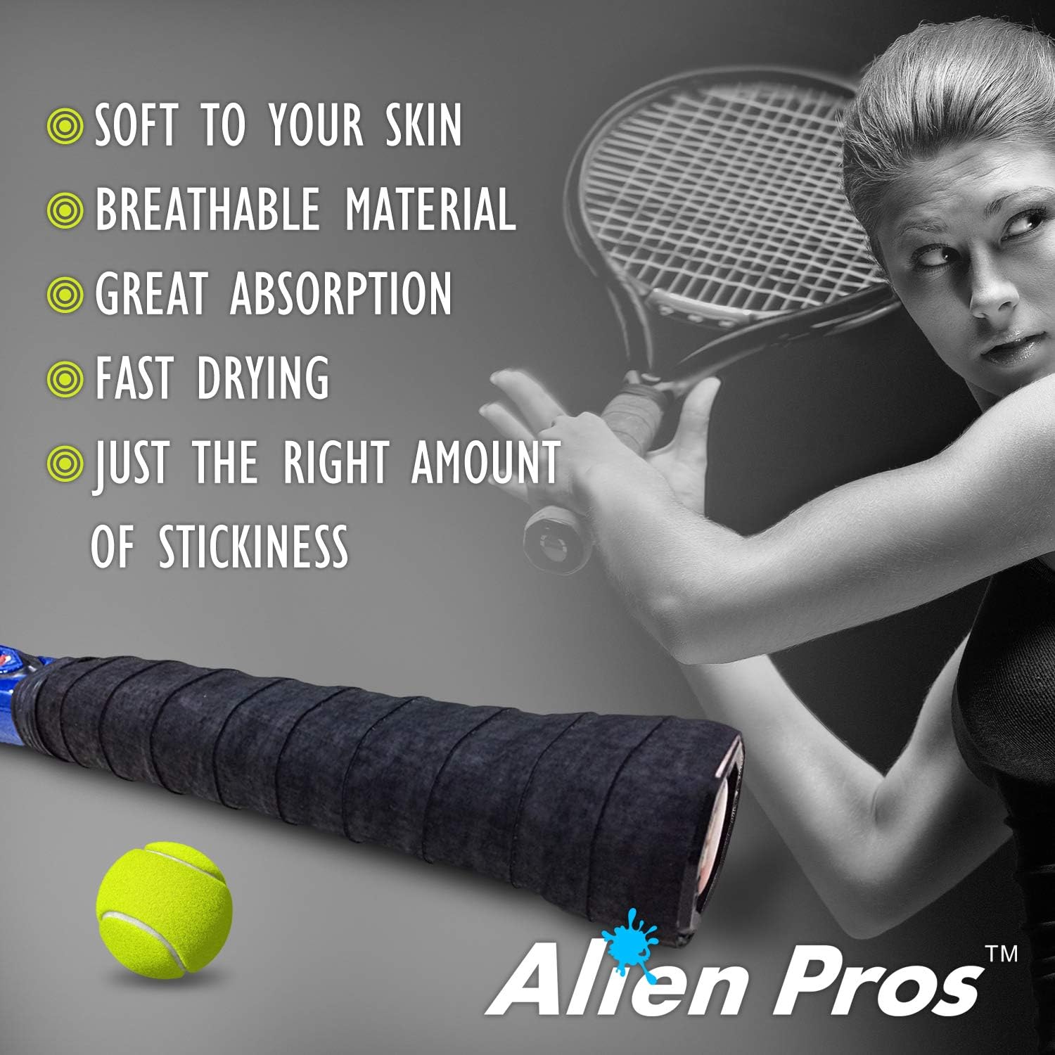 ALIEN PROS Tennis Racket Grip Tape - Precut and Dry Feel Tennis Grip - Tennis Overgrip Grip Tape Tennis Racket - Wrap Your Racquet for High Performance - Image 4