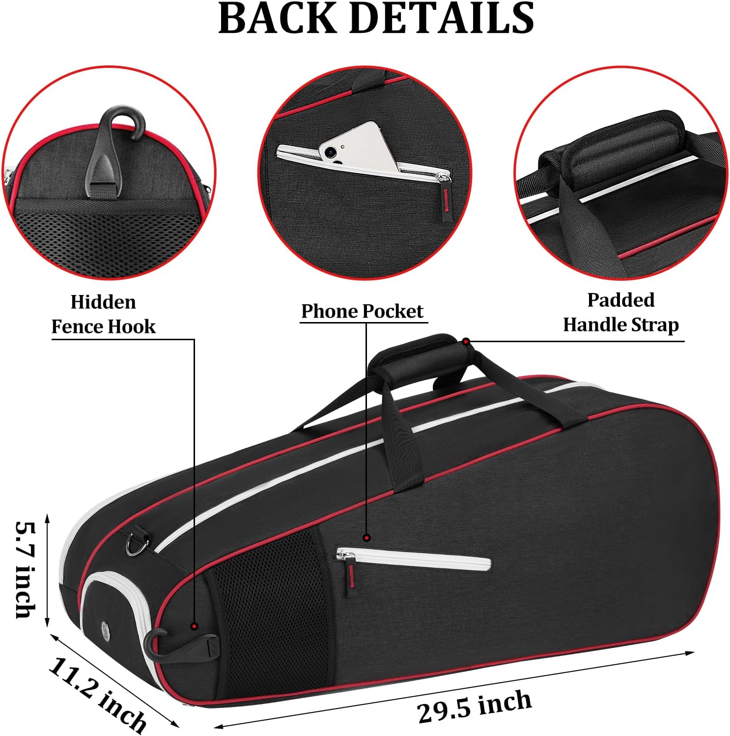 Ytonet Tennis Bag 6 Rackets, Large Tennis Racket Bag for Men Women with Insulated Pocket Shoe Compartment Water Resistant 3-Ways Carry Padded Badminton Cover for Pro/Team/Familiy Training, Black - Image 8