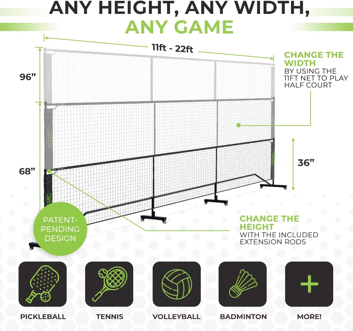 6 in 1 - Multi Sport Net - Pickleball Net, Badminton Net, Tennis Net, Outdoor Volleyball Net for Backyard - Regulation Size 22ft & Half Court 11ft - Patented Portable Pickleball Net & Driveway Nets - Image 2