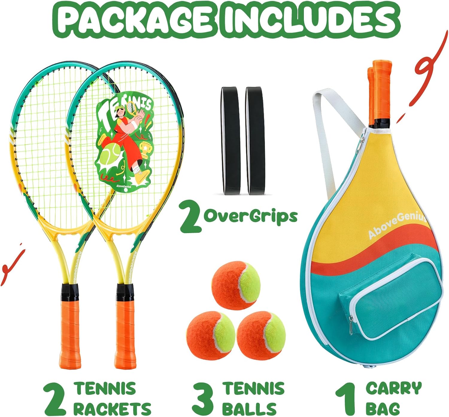 AboveGenius Kids Tennis Racket Set, 21/23/25 inch Tennis Racket for Toddler Youth Starter Kit, 3 Balls, 2 Lightweight Racquets with Easy Carrying Shoulder Strap Bag - Image 6