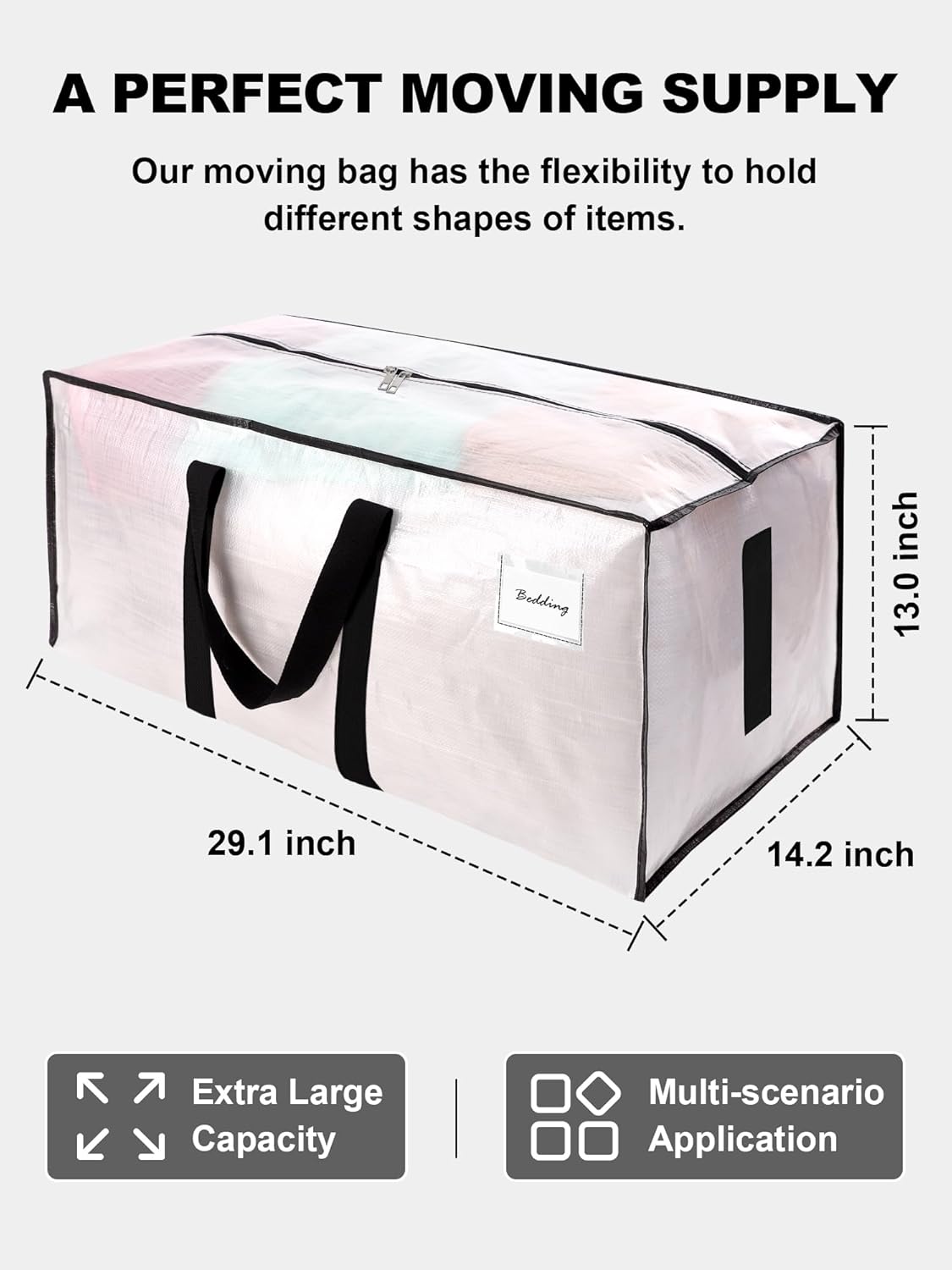 HOMESURE Supports 200lbs Heavy Duty Moving Bags - Strong Zipper & Wrap-Around Handles - Water-Resistant Storage Totes, Durable Alternative to Moving Boxes - 8 Pack - Semi-Transparent - Image 5