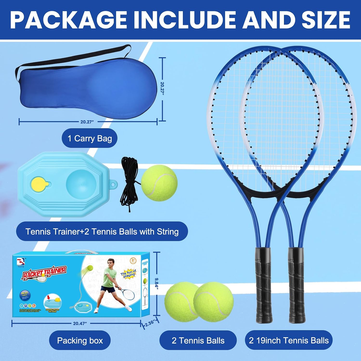 Kids Tennis Rackets Training Set - 7-in-1 Youth Tennis Racket Set, 2 pcs 19″ Rackets,1Tennis Trainer & 2Rebound Balls&1tennis Ball,Tennis Racquet Set for Beginners & Family Activities - Image 7