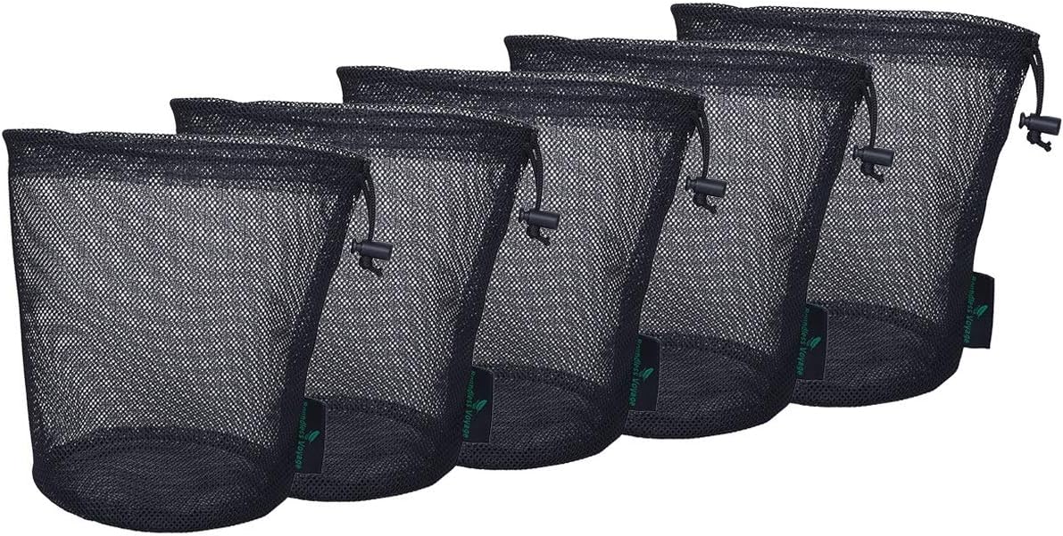 iBasingo 5pcs Black Mesh Nylon Sack With Drawstring - Durable Small Travel Sleeping Bag Stuff Sack for Cosmetics, Shower Gels, Bottles, Tennis Balls, Golf Balls, Tools - BVP03