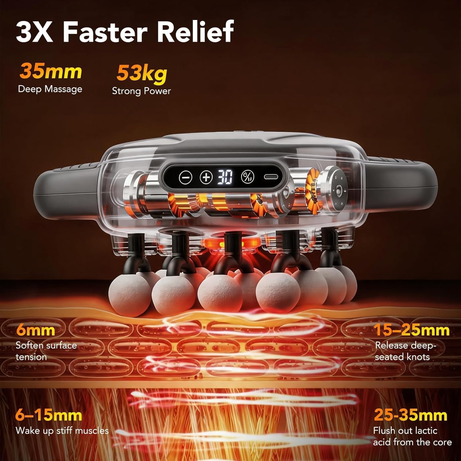 16-Head Massage Gun, Deep Tissue Percussion Massager with 3 Modes & 30 Intensities, 3200mAh Battery Back Massager for Pain Relief, Quiet Handheld Massager (Dark Gray) - Image 2