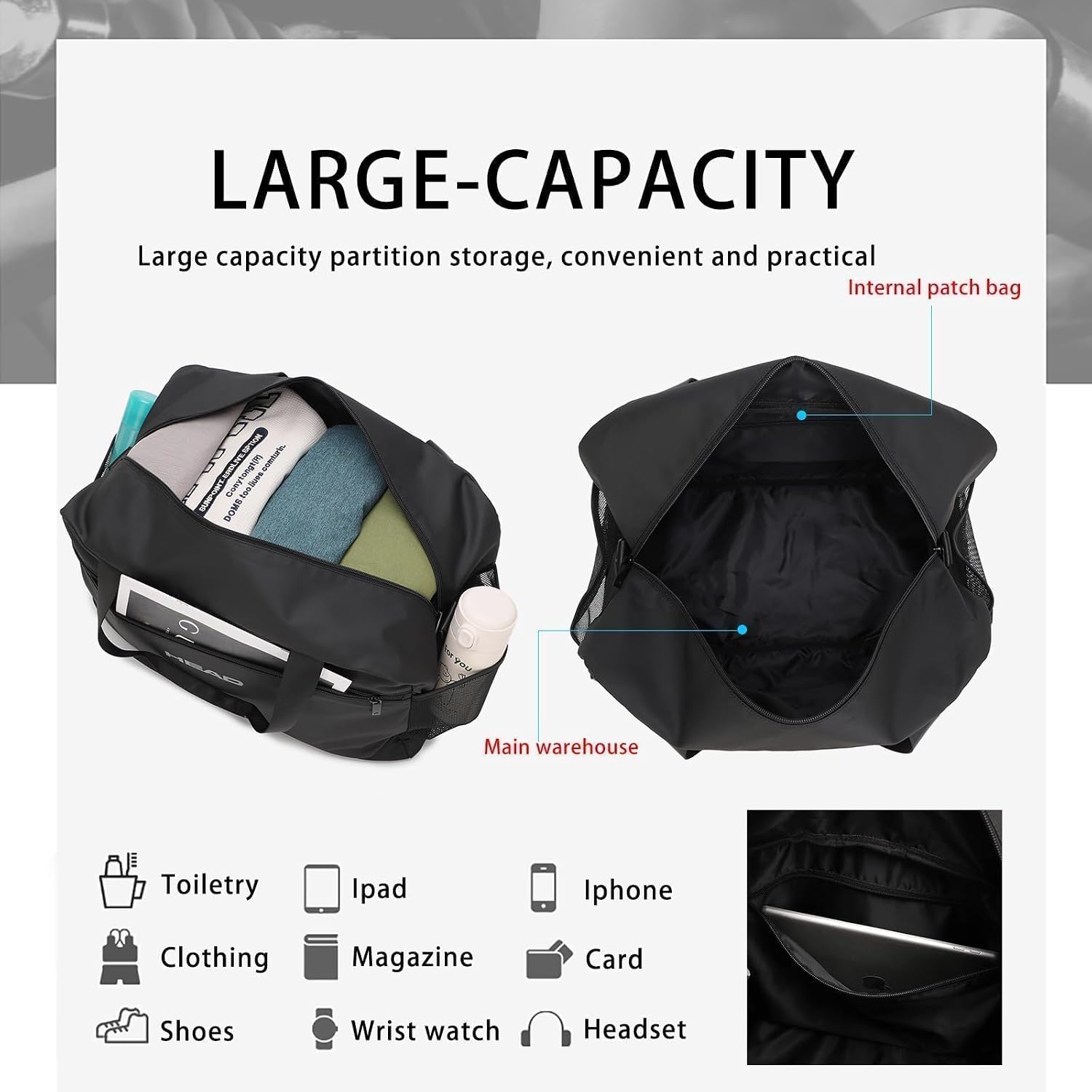 HEAD 40L Waterproof Duffel Bag, Large Lightweight Gym Bag for Men, Durable Sports Duffle for Fitness/Workout, Versatile Weekender Overnight Bag for Business Travel, Black - Image 5