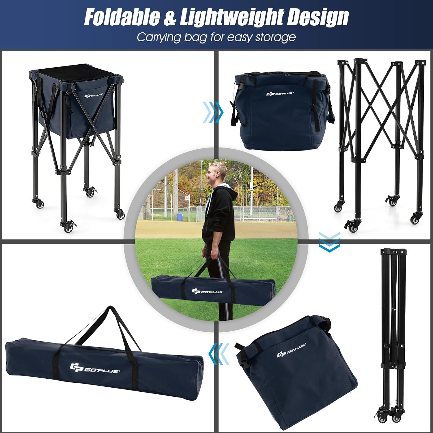 Goplus Foldable Tennis Ball Hoppers, Lightweight Aluminum Tennis Ball Basket with Wheels, Removable Bag, Side Pockets, Carry Bag, Portable Sports Teaching Cart Holds 150 Tennis Balls (Blue) … - Image 6