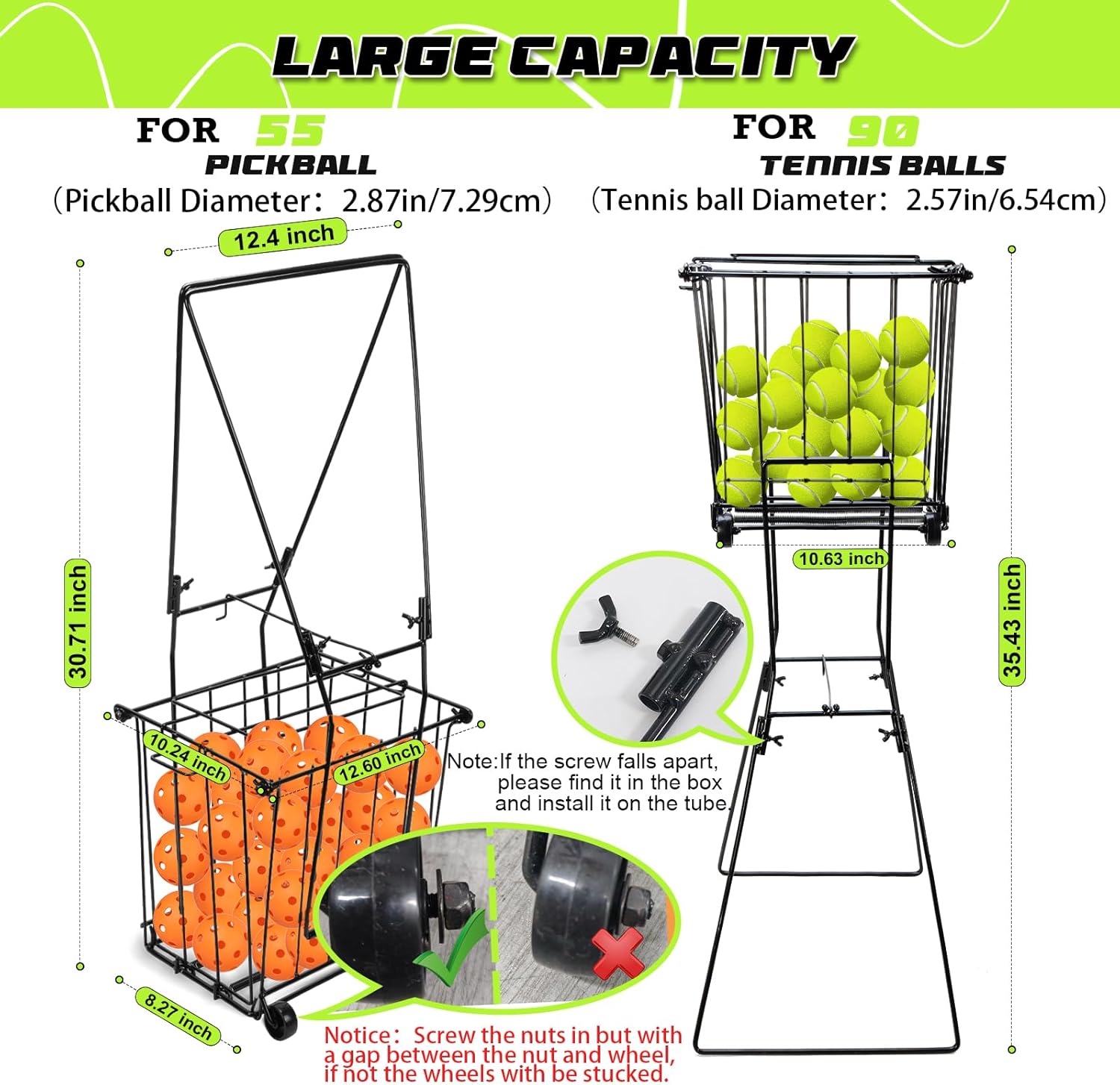 ParseBio Portable Pickleball Tennis Ball Collector with Wheel, 90 Tennis Balls Capacity, Pickleball Retriever Basket Carrier Gatherer Picker Hopper Container - Image 5