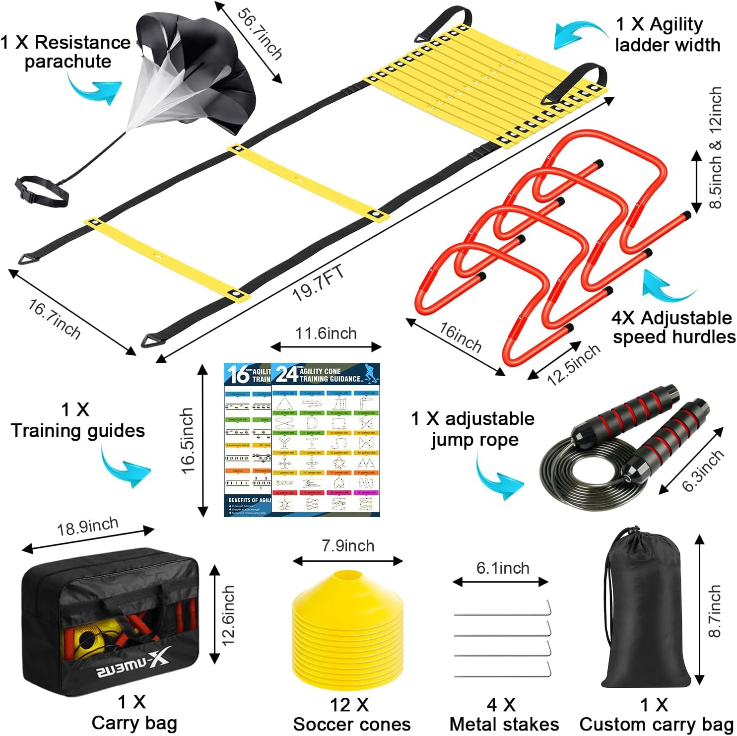 X-UMEUS Agility Ladder Speed Training Equipment Set-20ft Agility Ladder,12 Soccer Cones,4 Hurdles, Jump Rope, Running Parachute| Basketball Football Soccer Training Equipment for Kids Youth Adults - Image 2