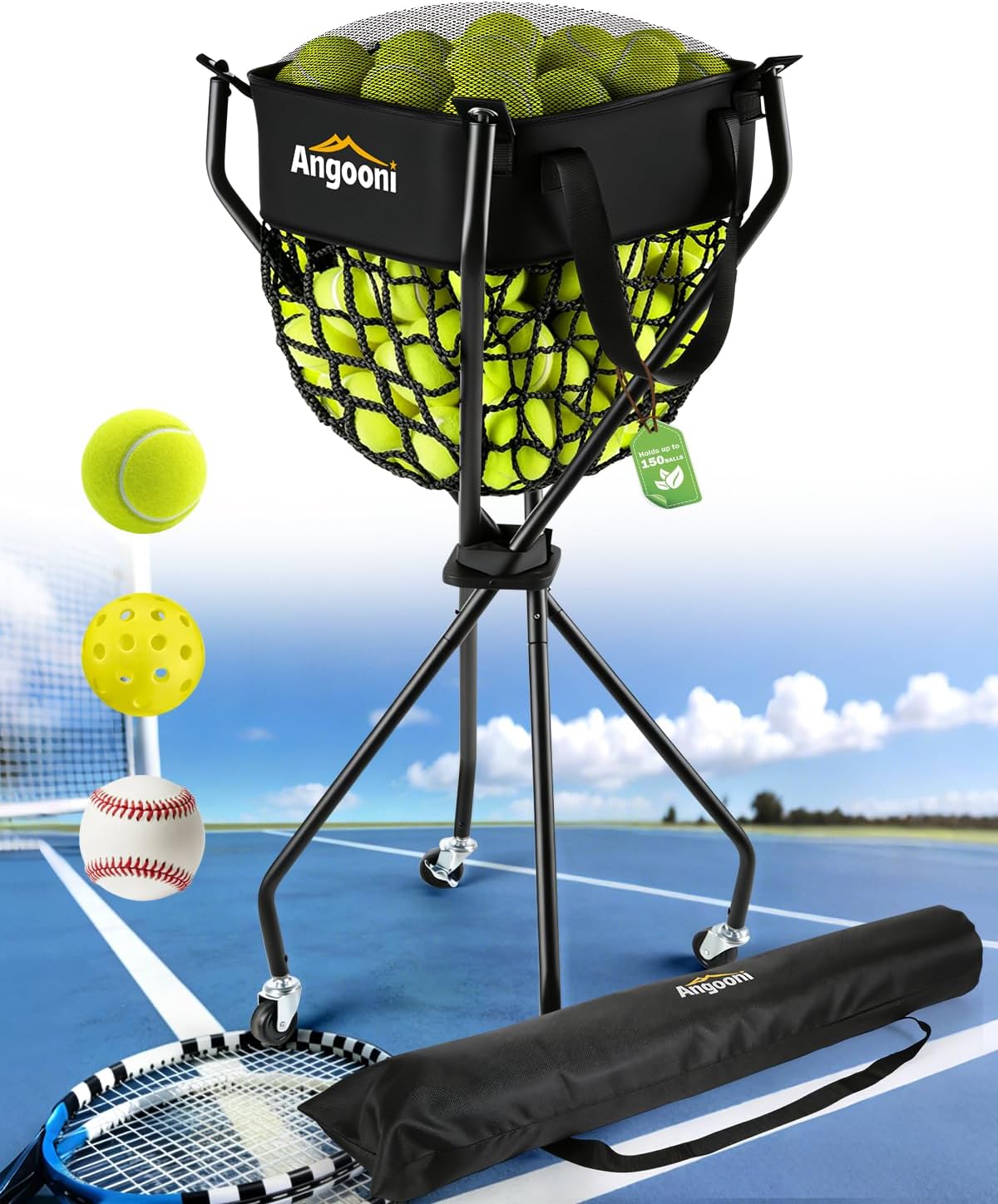 Angooni Professional Tennis Cart with Silent PU Wheels - 2 Capacity Choices (150/240 Balls) - Sturdy, Lightweight & Portable Storage for Practice and Matches