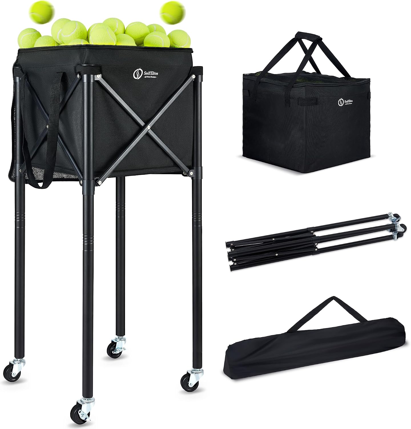 Portable Tennis Ball Hopper & Pickleball Basket, Foldable Tennis Ball Cart with Storage Bag, Multi-Sport Ball Collector for Training & Practice