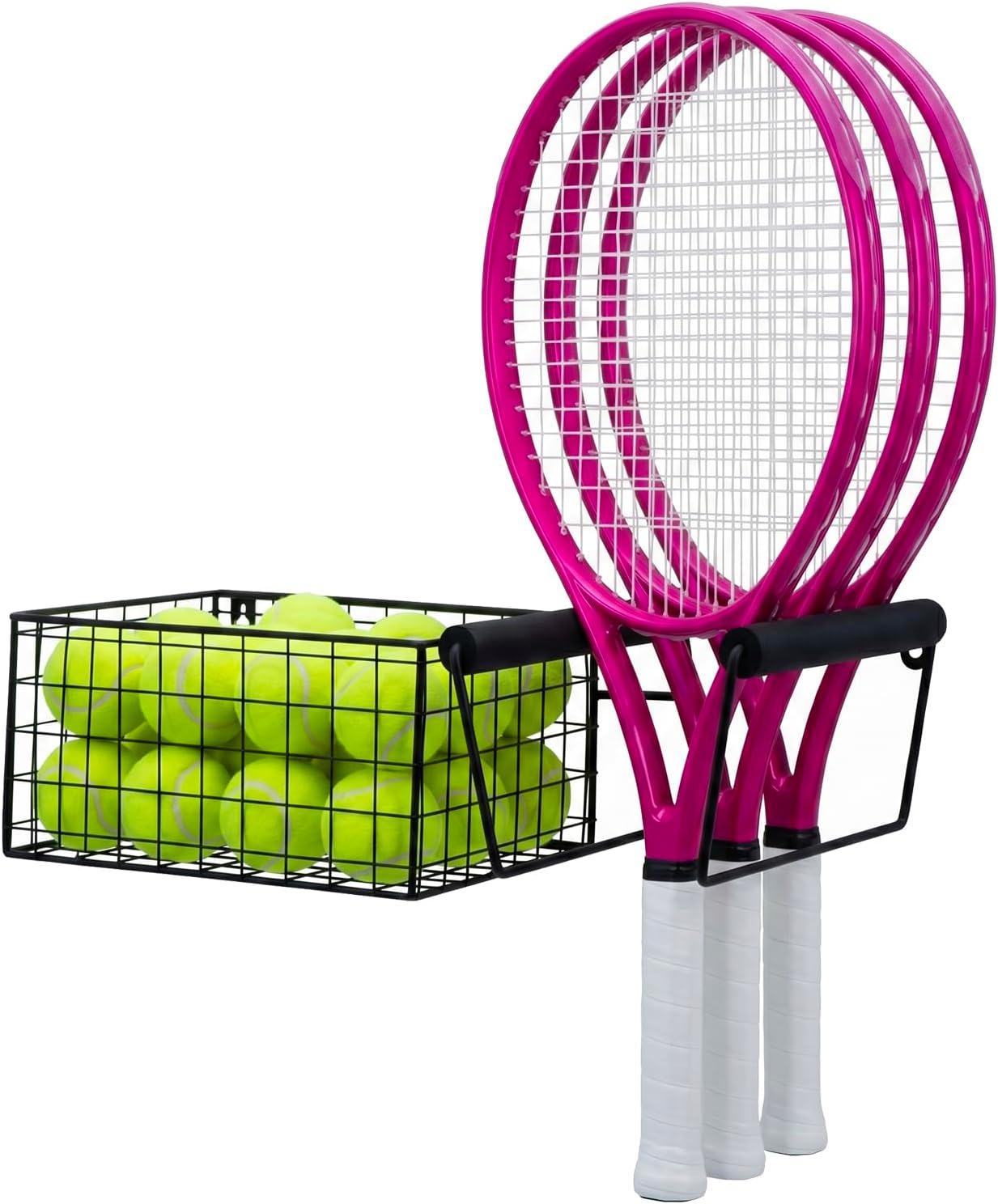 MyGift Hanging Metal Tennis Racquet and Tennis Ball Storage Basket Rack, Wall Mounted Racket Holder - Image 6