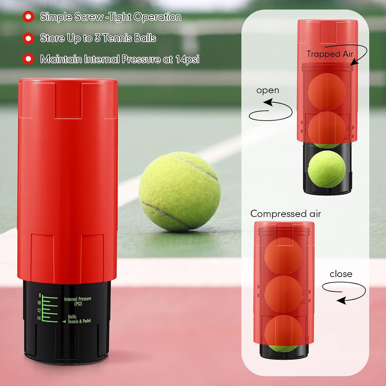 Soulchen Tennis Ball Pressurizer - Tennis Ball Storage Canister Holds 3 Balls Under 14 Psi Pressure, Reusable Stuff for Bounce Retention, Lightweight & Durable - Image 4