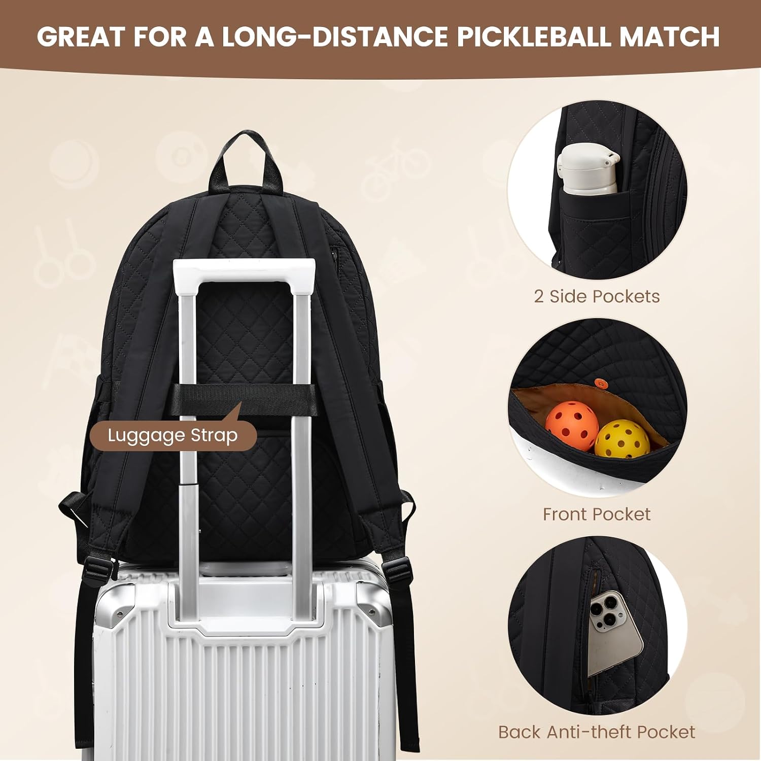 Sucipi Tennis Bags for Women, Quilted Tennis Racket Bag Backpack for Tennis Racquet, Pickleball Paddles, Badminton - Image 7
