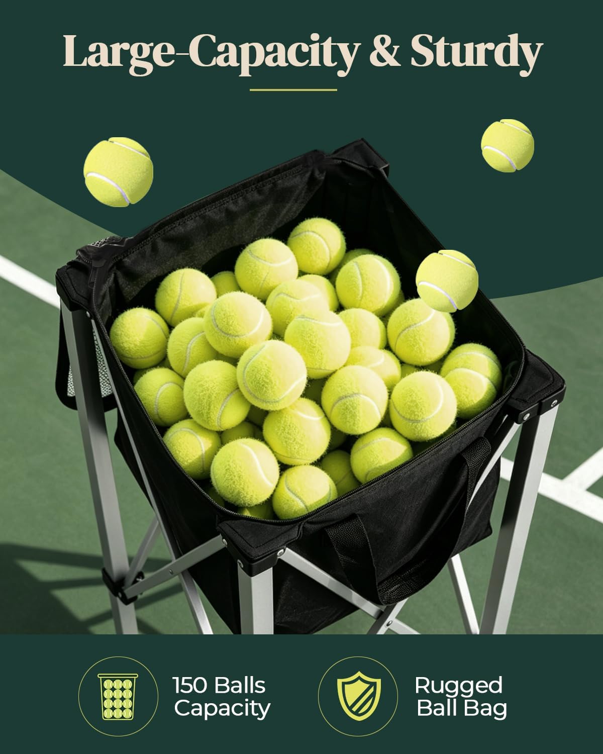 Tennis Ball Hopper Holds 150 Balls, Lightweight Pickleball Basket with Wheels, Portable Ball Cart for Tennis, Pickleball, Baseball, Softball, Suitable for Training and Teaching - Image 4