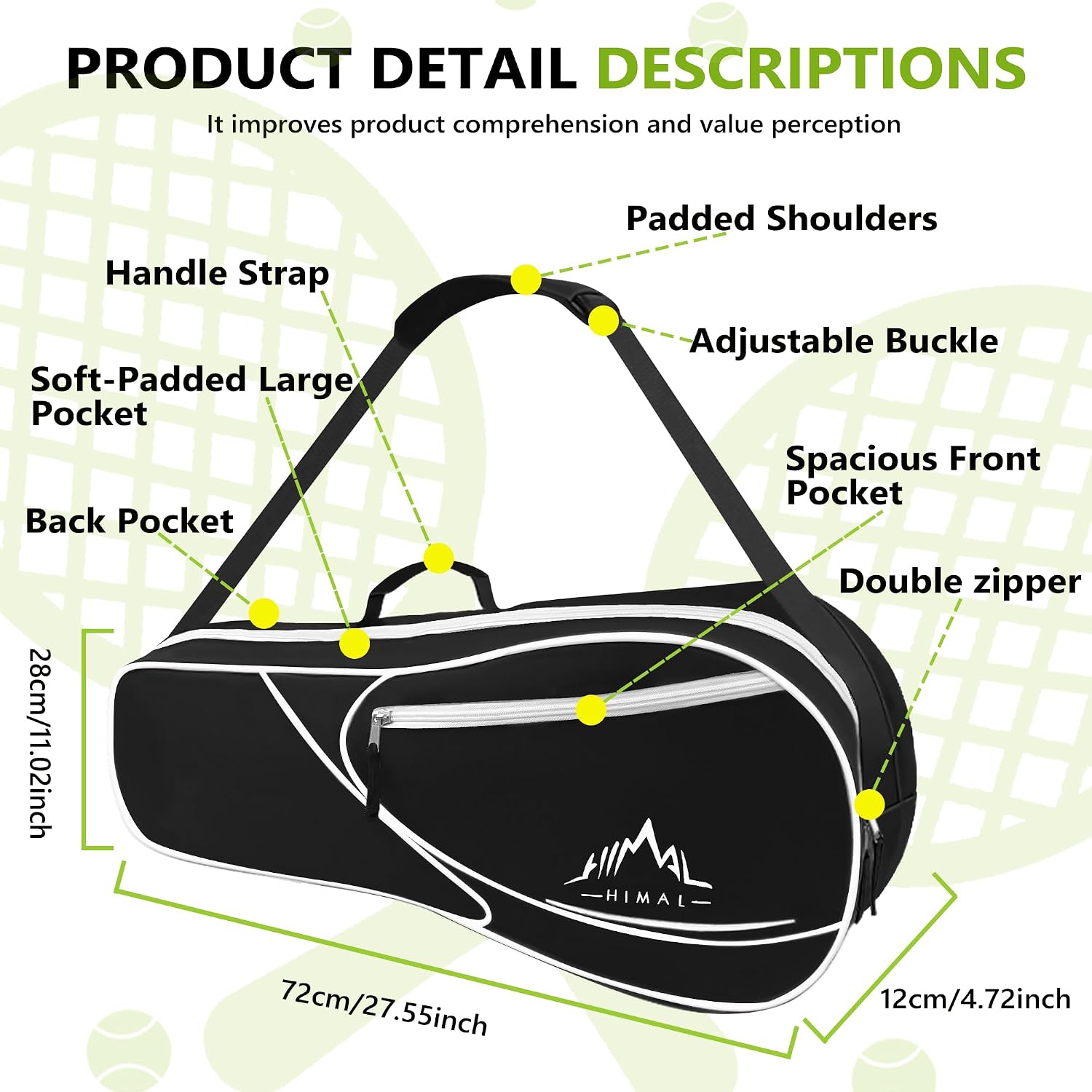 Himal 3 Racquet Tennis Bag With Protective Pad, Tennis Racket Bag for Men Women, Sports Enthusiasts of All Ages - Image 3