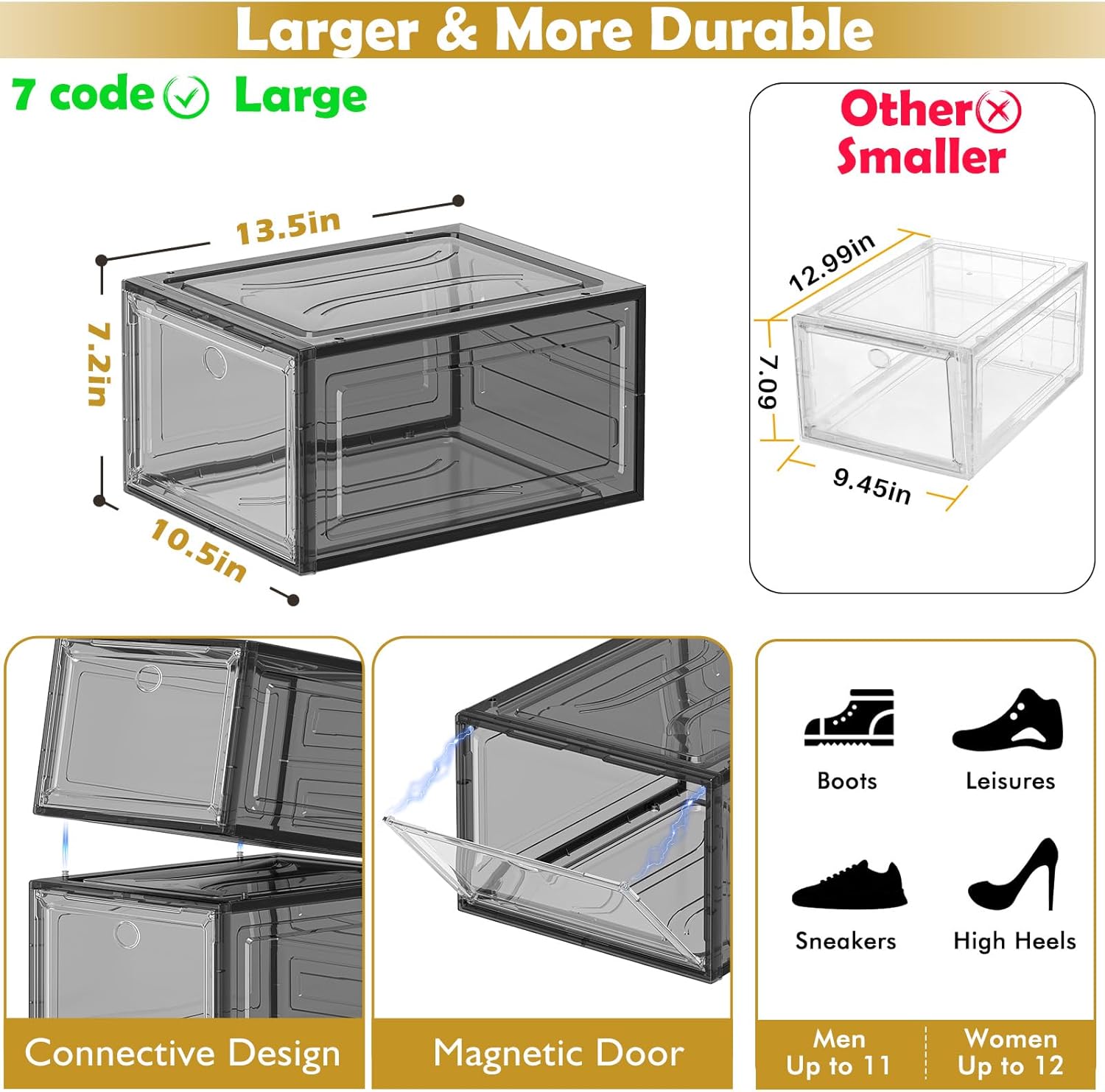 7 code Thicken & Sturdy Clear Shoe Storage Organizer with Magnetic Door, Stackable Boxes for Closet, Foldable Shoe Rack for Sneaker Boot Container, Plastic Shoe Cabinet Shoe Box 6 Pack, Black - Image 3