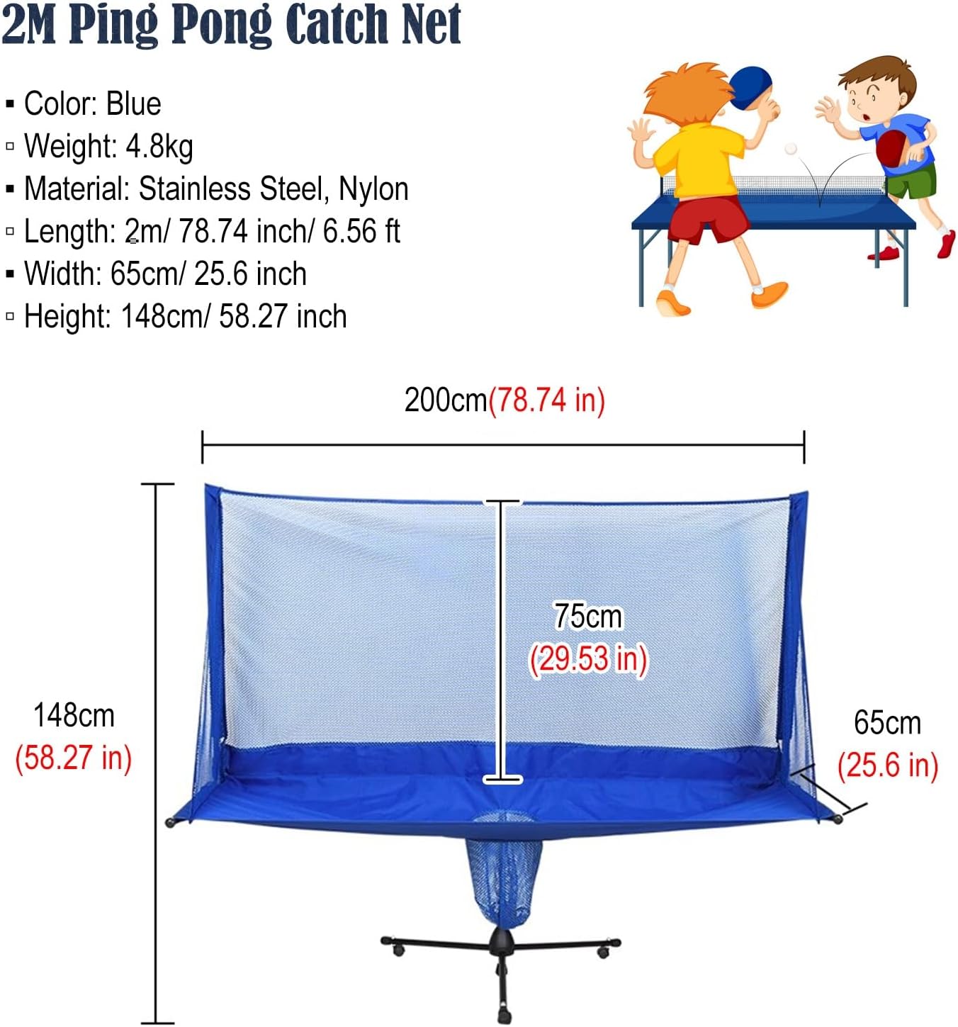 ERRULAN Large Ping Pong Practice Net with Wheels, Foldable Table Tennis Ball Catch Net Equipments for Adults & Kids, Indoor Outdoor Teen Activities - Multi-Ball Training(2m/78.74 in/6.56 ft) - Image 3