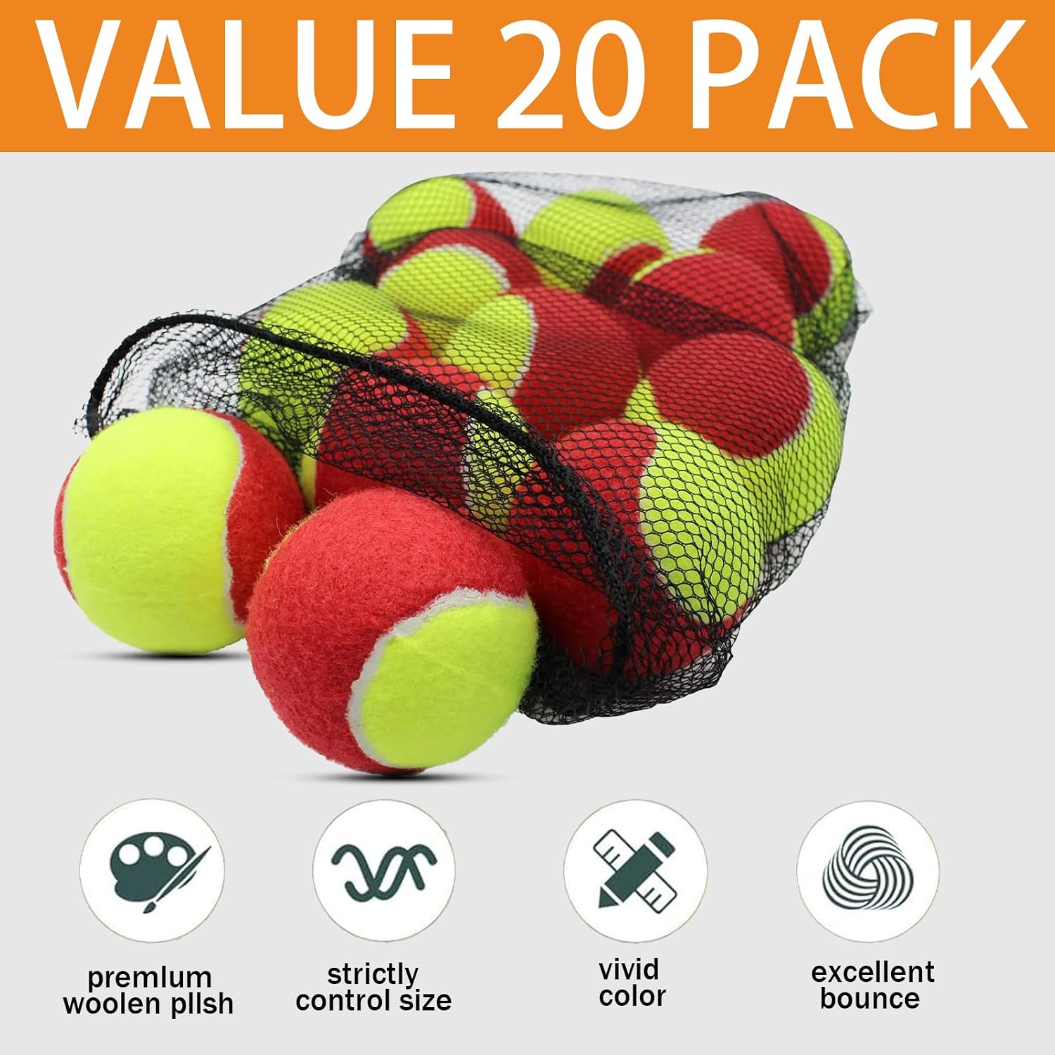 SHYUJAJIE 20 Pack 25%/50%/75% Low Compression Stage Tennis Ball for Beginners Youth Kids Training Practicing Ball with Mesh Bag for Easy Transport - Image 5