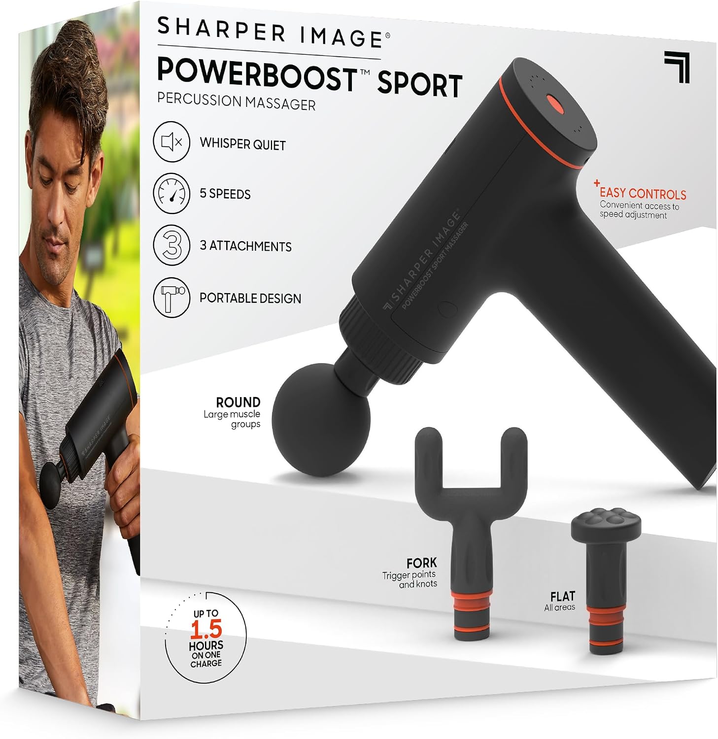 Sharper Image® Powerboost™ Sport Percussion Massager, Lightweight Portable Design with Quiet Drive Technology, Includes 3 Attachments - Image 7