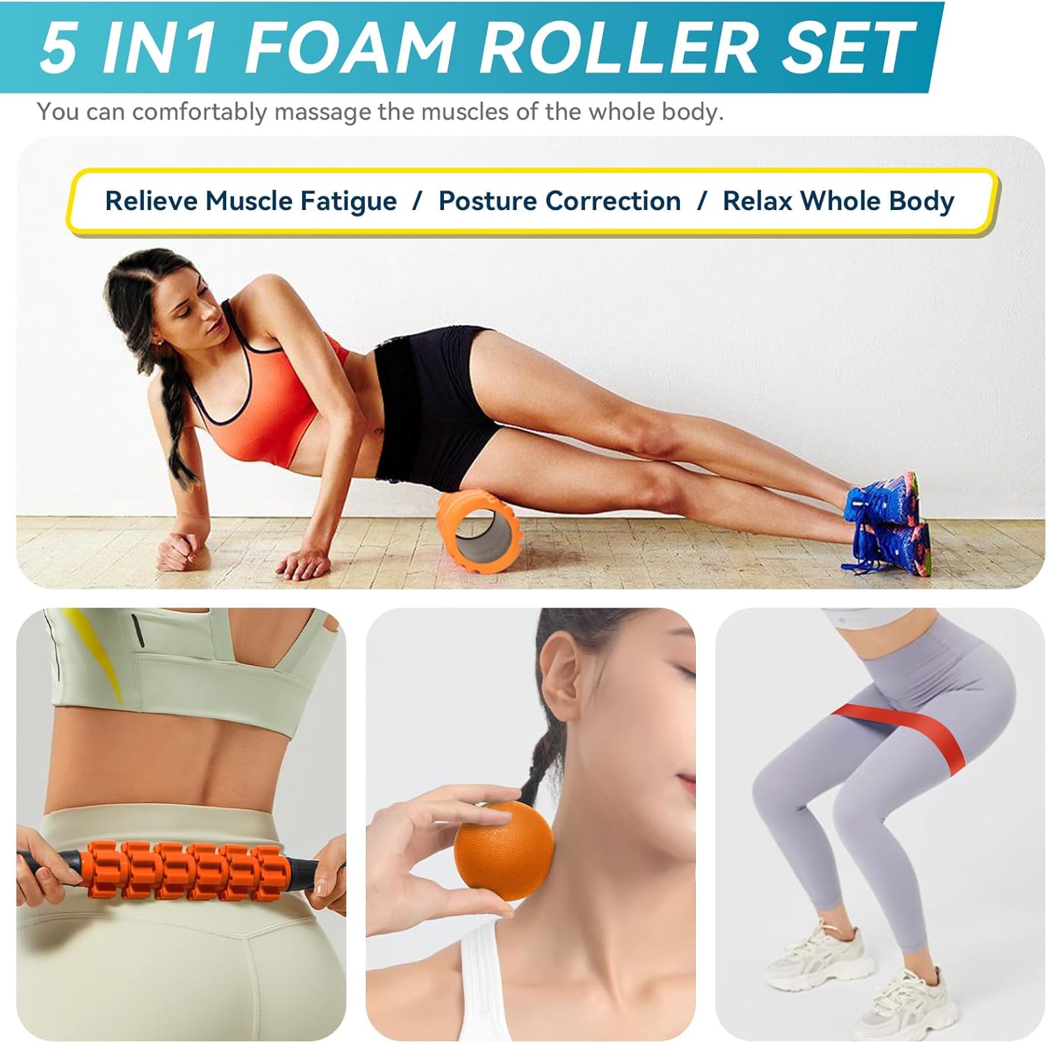 Krightlink 5 in 1 Foam Roller Set for Deep Tissue Muscle Massage, Trigger Point Fitness Exercise Foam Roller, Massage Roller, Massage Ball, Stretching Strap, for Whole Body (Orange Black) - Image 6