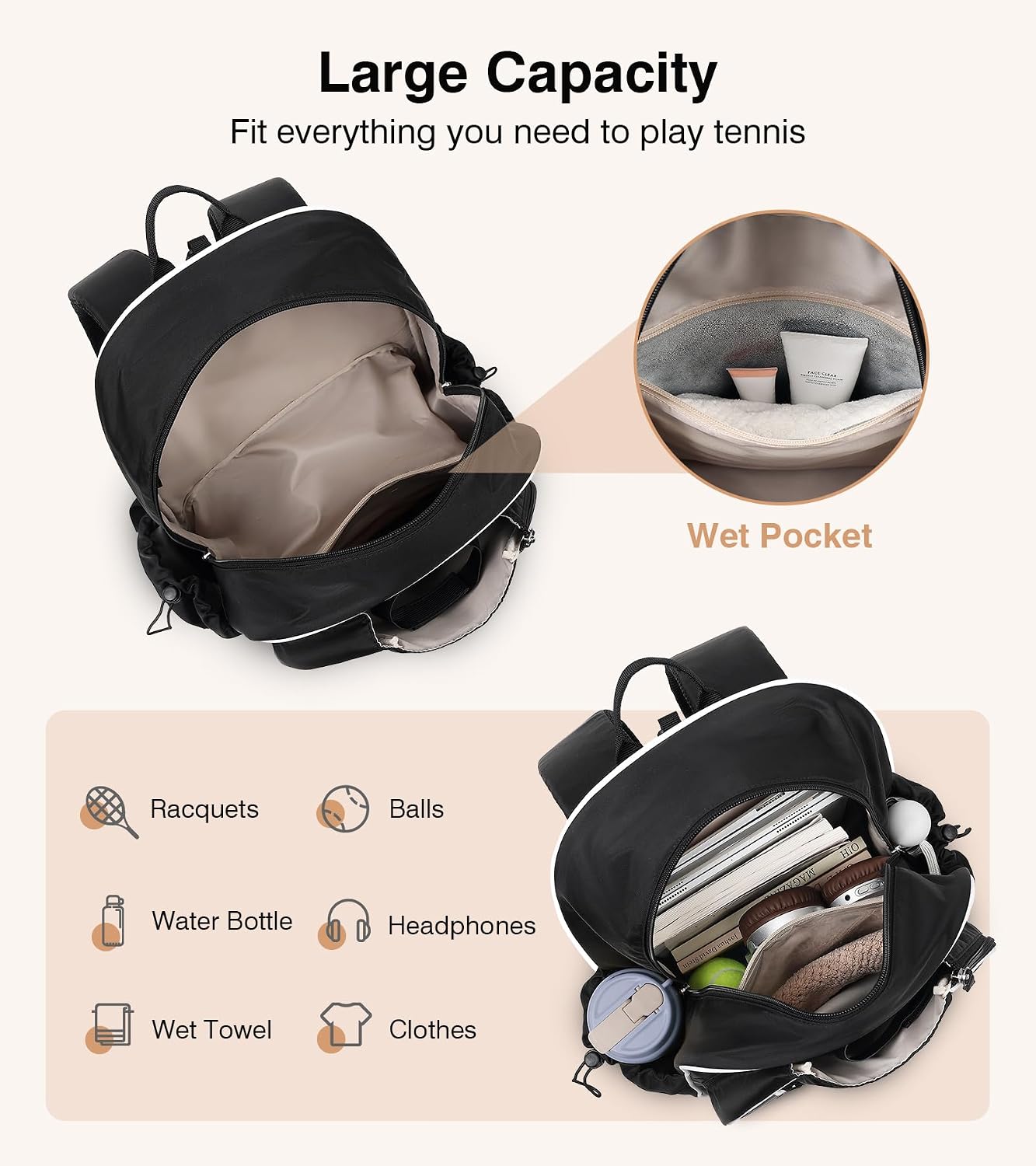 Marvolia Tennis Bags for Women Men, Tennis Backpack Holds 2 Rackets with Ventilated Shoe Compartment & Wet Pocket, Tennis Racket Bag Backpack for Pickleball Tennis Badminton - Image 3