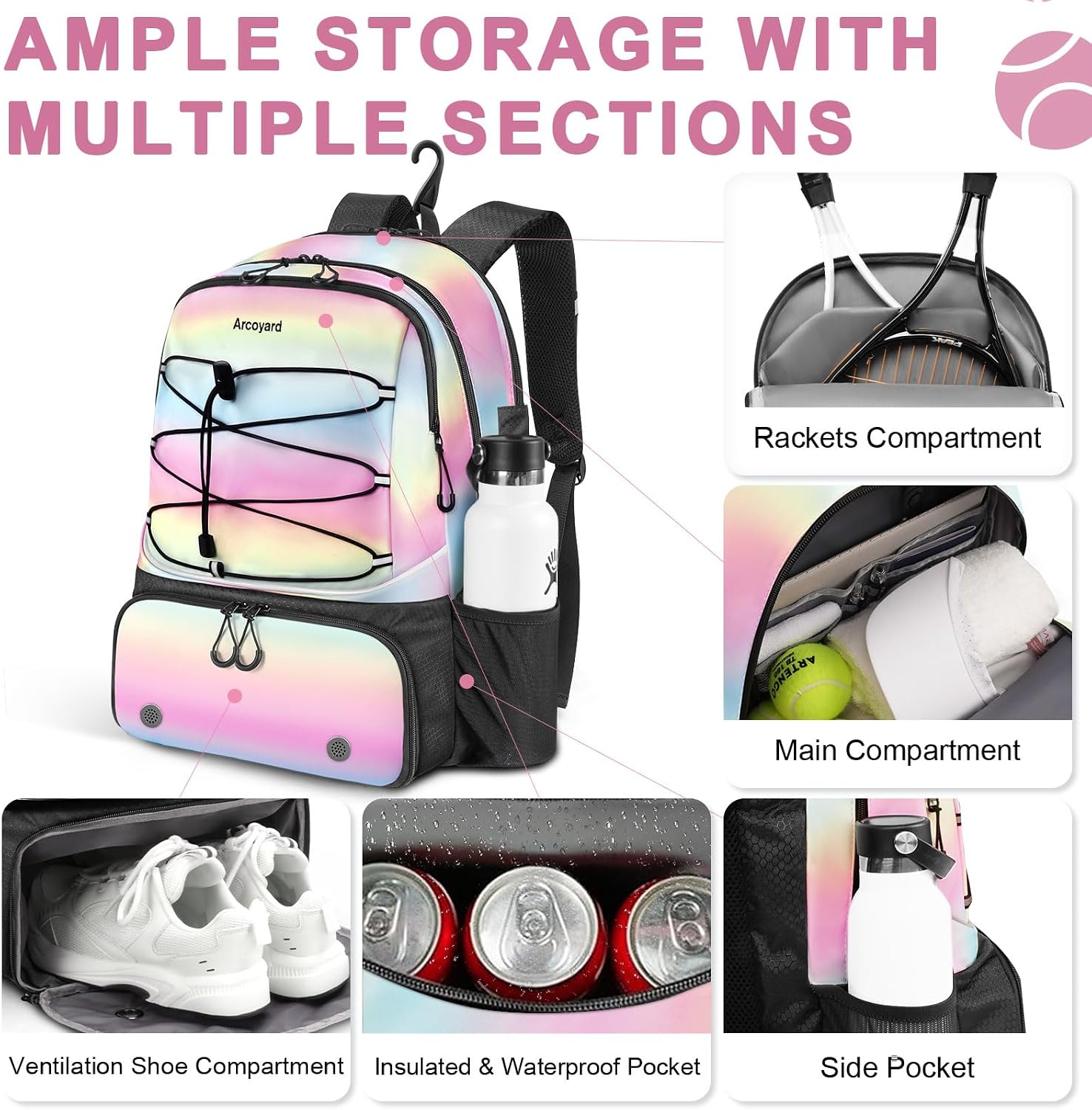 Arcoyard Tennis Bag Holds 2 Rackets, Professional Tennis Bags for Women, Tennis Backpack with Ventilated Shoe Compartment - Image 2