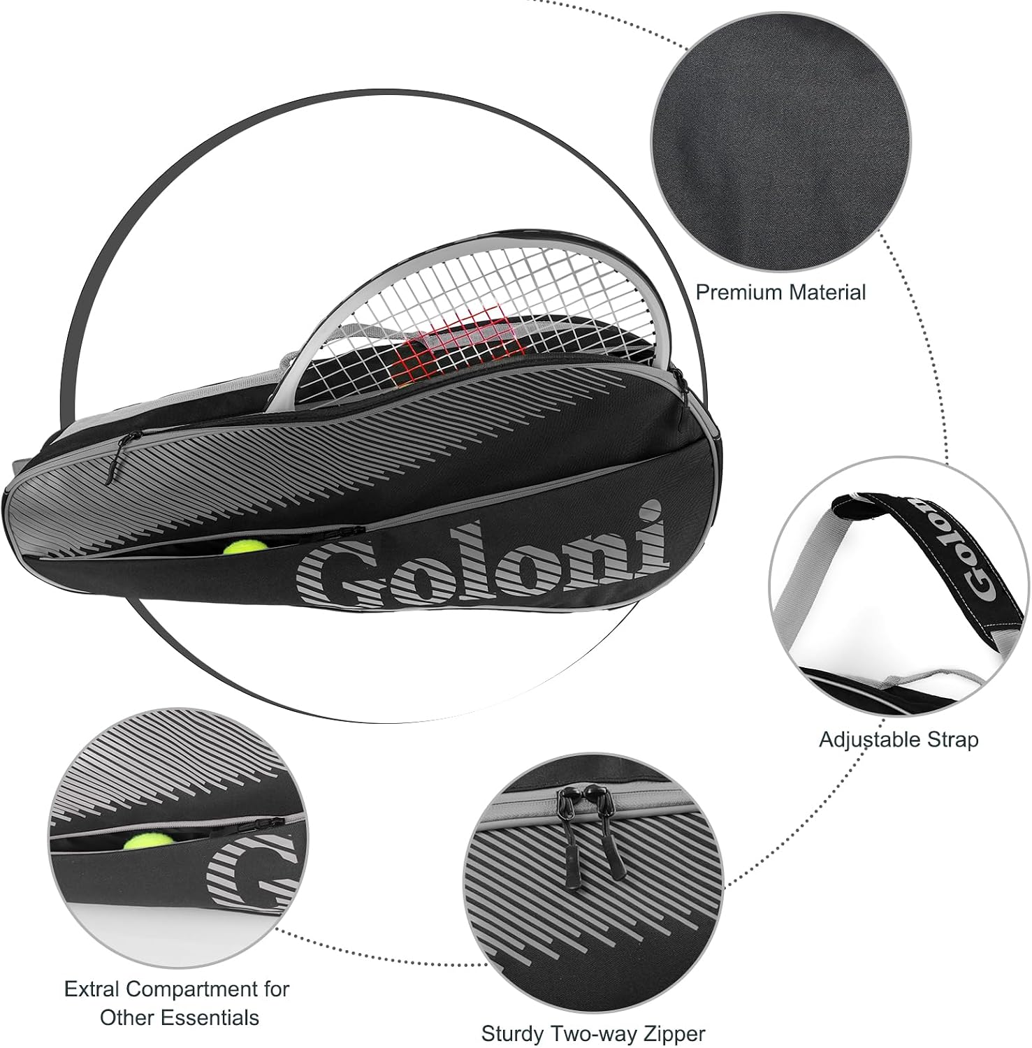 Goloni | 3 Racquet Tennis Bag, for Professional or Beginner Tennis Players, Rackets Cover Bag with Protective Pad & Lightweight | Unisex Design for Men, Women, Youth and Adults - Image 4
