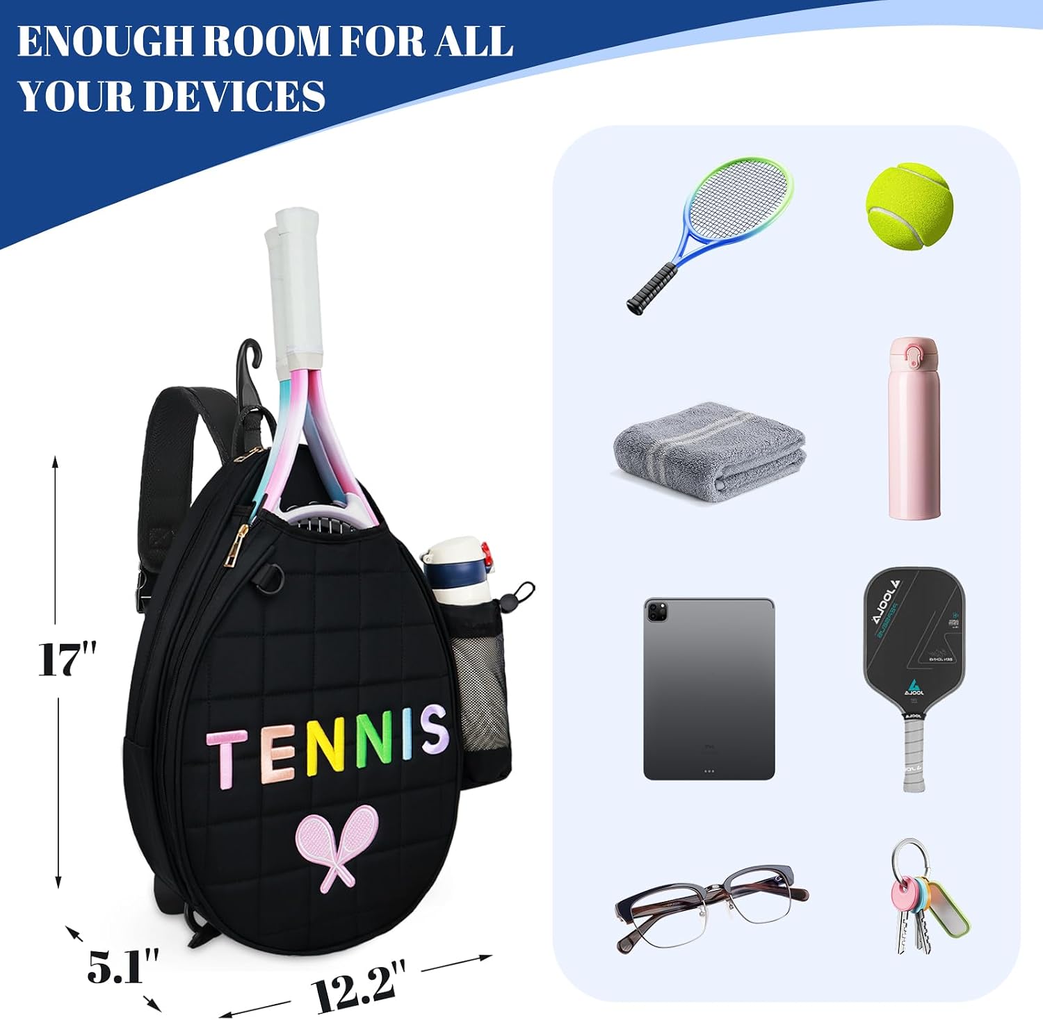 NZNDB Tennis Bags for Women Girl, Tennis Sling Crossbody Backpack, Water Resistant Tennis Bag for Pickleball, Tennis, Racketball - Image 4