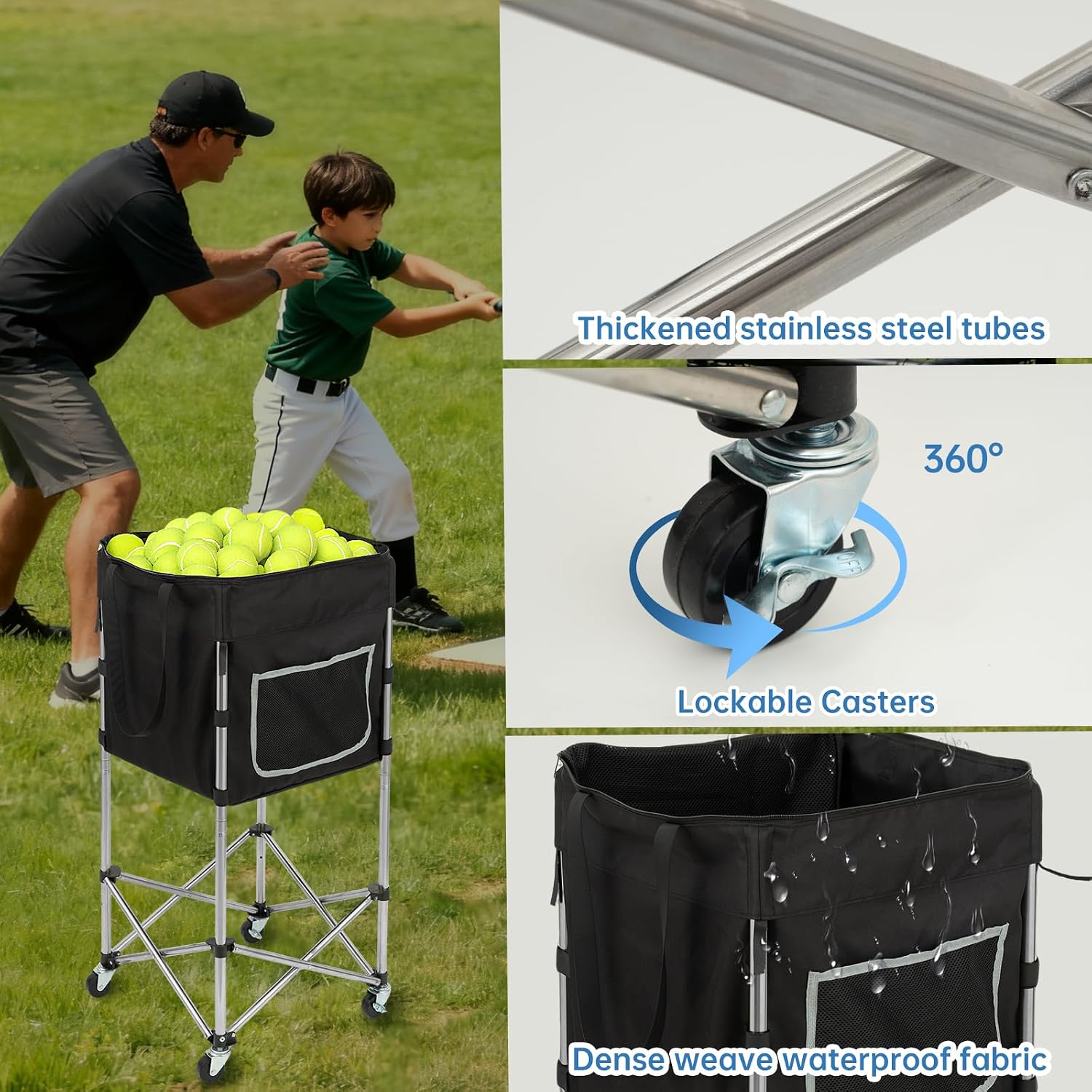 Tennis Ball Cart with Wheels & Brake (180 Capacity) – Heavy Duty Stainless Steel Frame with Detachable Washable Bag – Foldable Travel Hopper for Tennis & Pickleball, Portable Carrier - Image 2