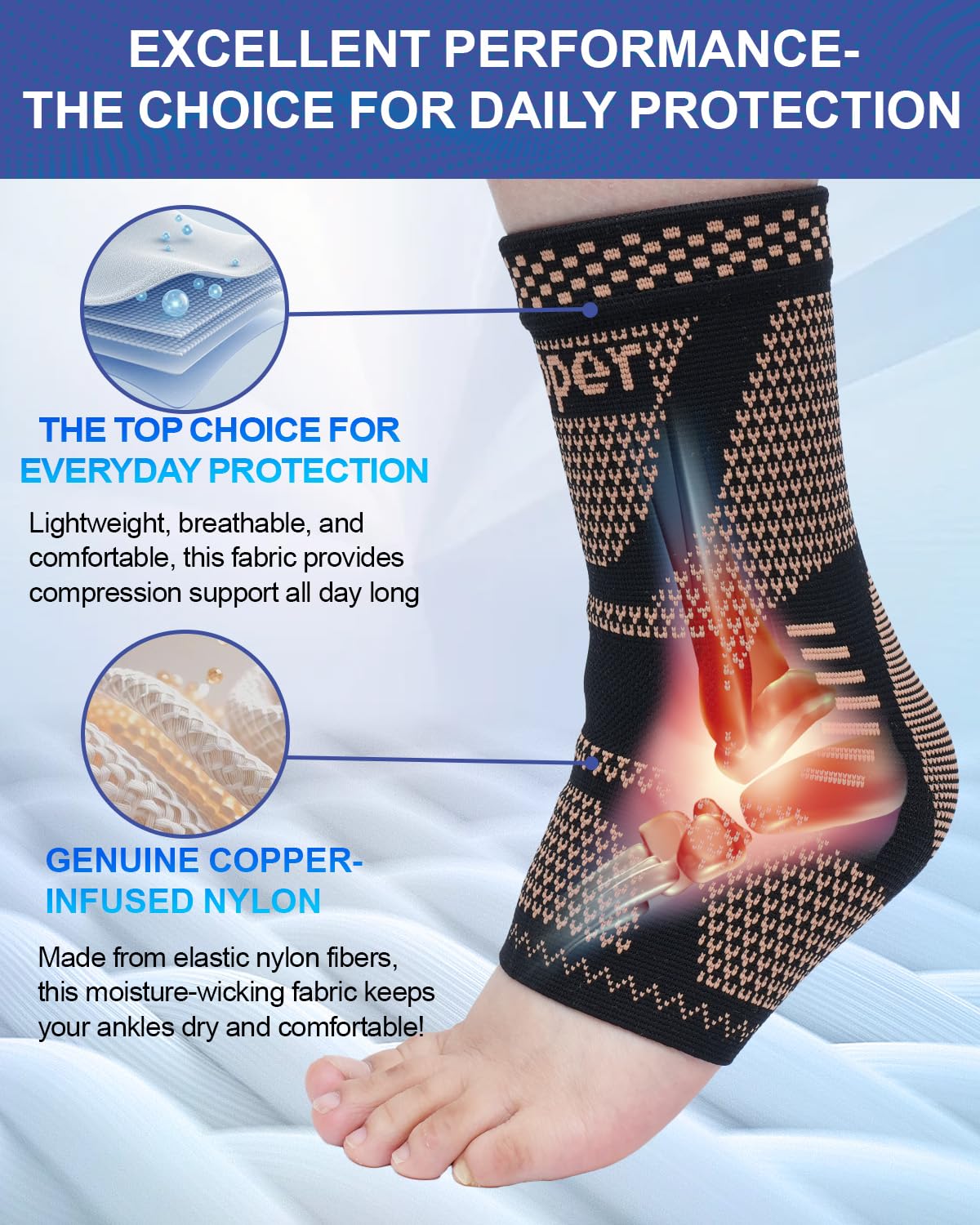 LISEPWU Copper Ankle Brace, Copper Infused Ankle Support Compression Sleeve for Men & Women, for Foot Pain Relief, Sprained Recovery, Achilles Tendonitis, Daytime or Night Use(L) - Image 3