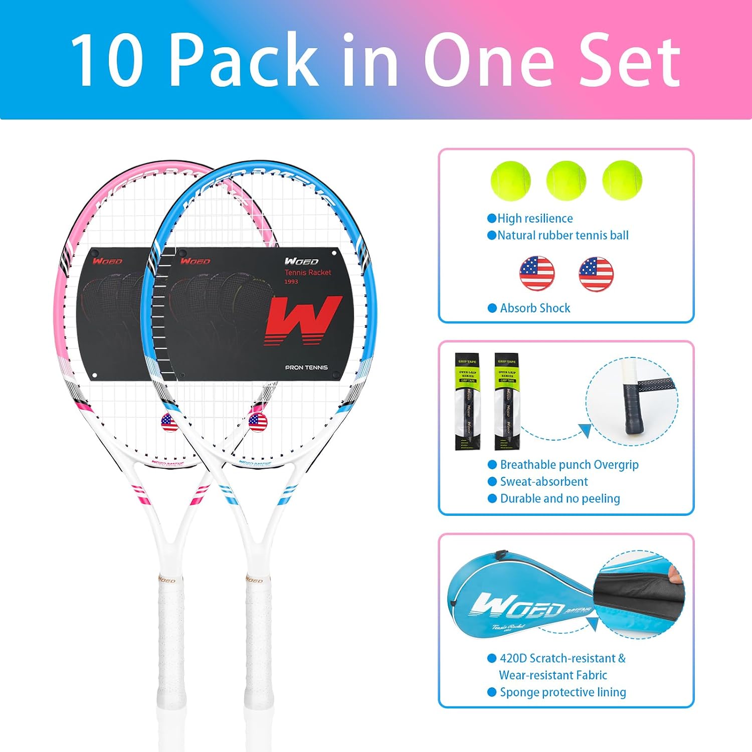 Pro Tennis Racket for Adults, 2 Player 27 inch Speed Tennis Racquet Acceptable for Beginner and Professional with 3 Tennis Balls, 2 Vibration Dampes, 2 Overgrips, Tennis Bag - Image 5