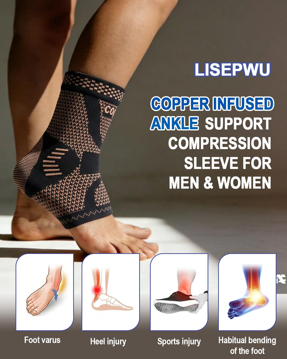LISEPWU Copper Ankle Brace, Copper Infused Ankle Support Compression Sleeve for Men & Women, for Foot Pain Relief, Sprained Recovery, Achilles Tendonitis, Daytime or Night Use(L) - Image 2