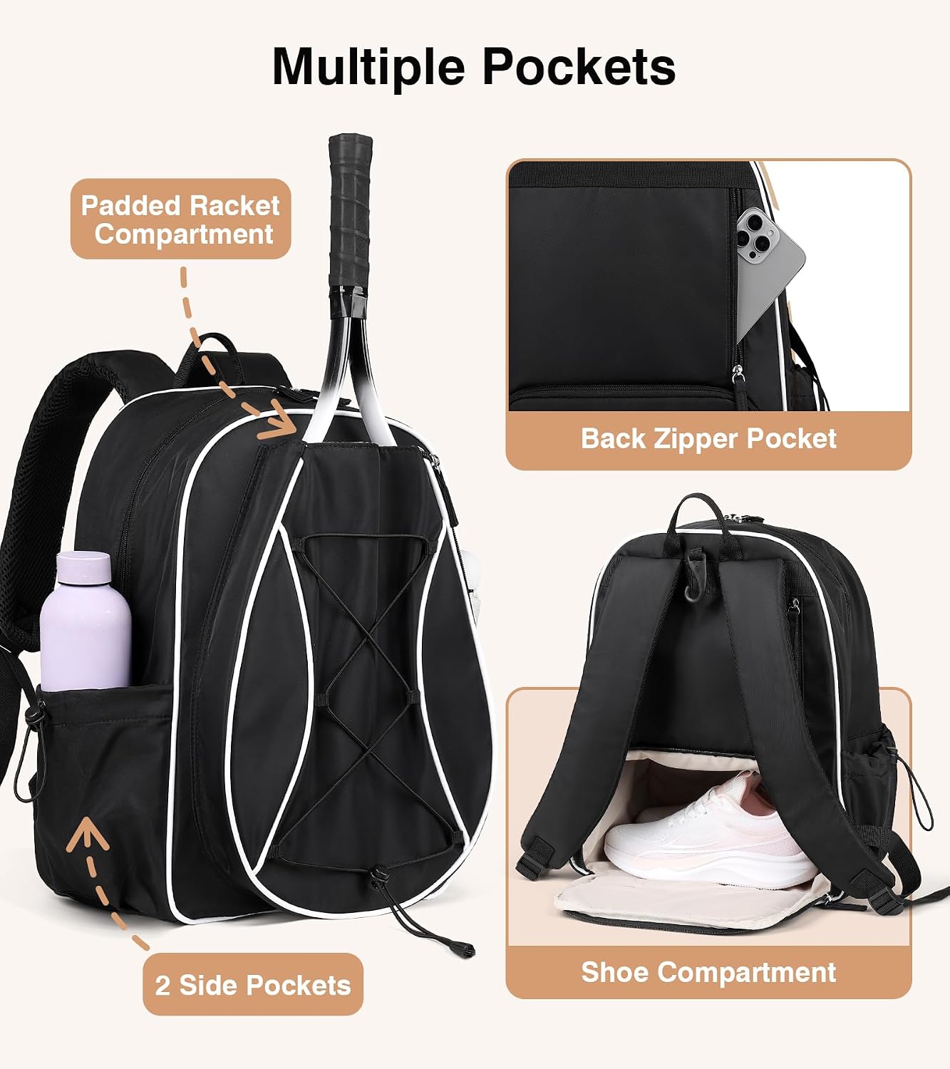 Marvolia Tennis Bags for Women Men, Tennis Backpack Holds 2 Rackets with Ventilated Shoe Compartment & Wet Pocket, Tennis Racket Bag Backpack for Pickleball Tennis Badminton - Image 4