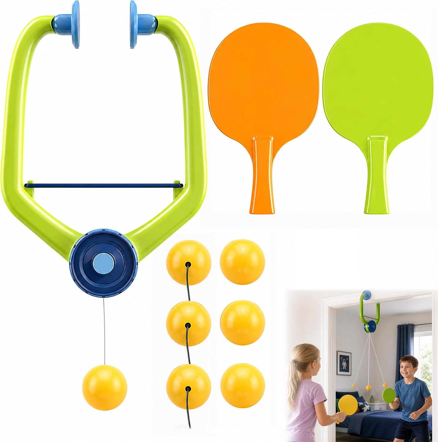 Hanging Table Tennis Trainer Portable Set, 1 Pcs Trainer 6 Balls Door Pong Game for Kids with Racket and Balls, Adjustable Hanging Table Tennis Trainer