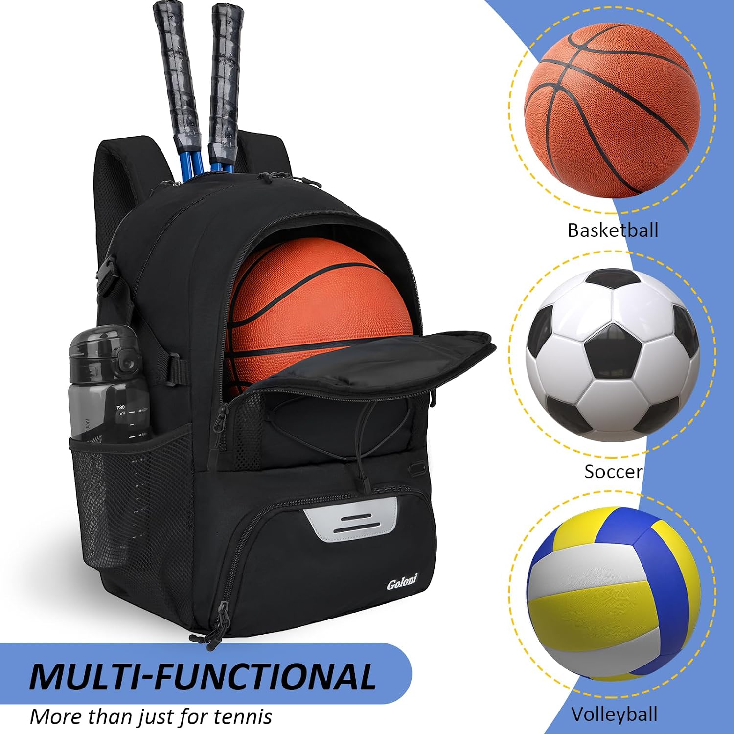 Goloni Tennis Backpack, Tennis Bag with Fence Hook & Ventilated Shoe Compartment, Holds 2 Tennis Rackets - Image 4