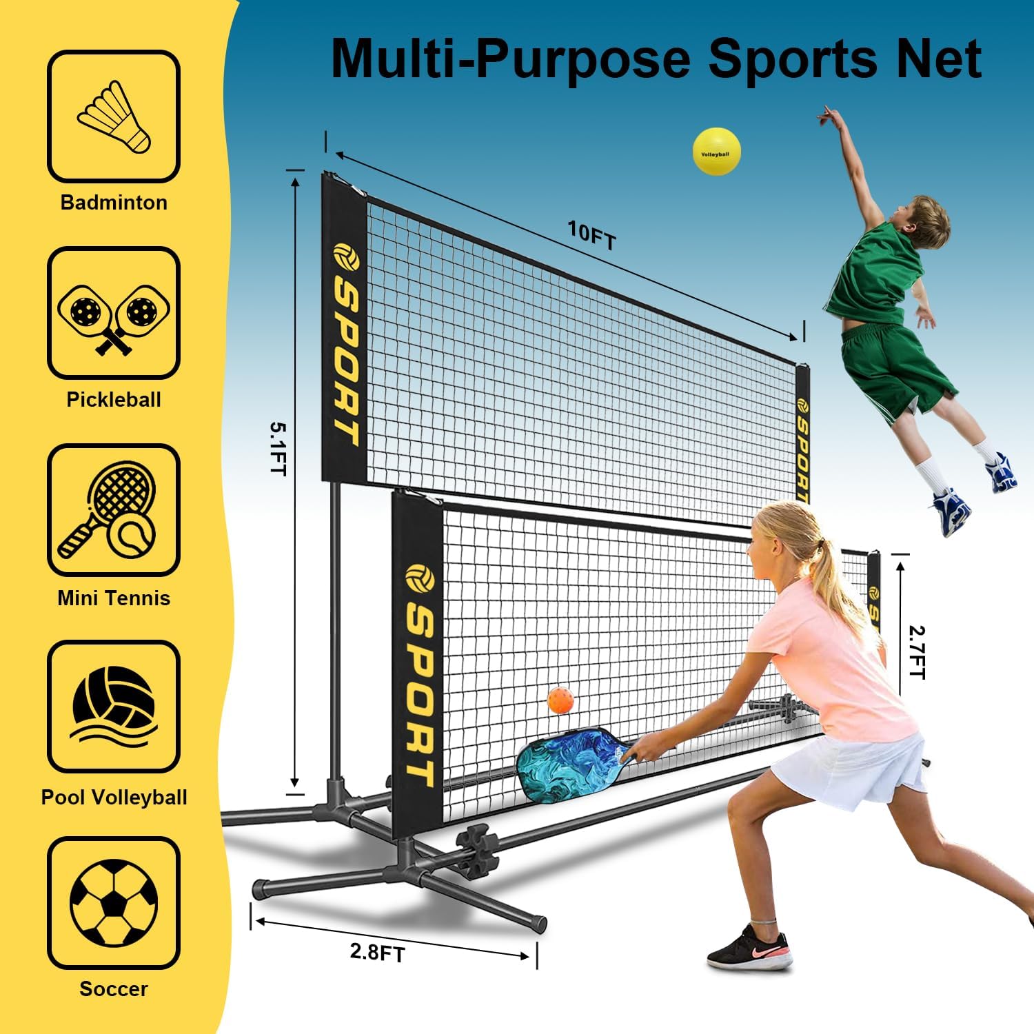 10 FT Mini Portable Tennis Net for Teenagers with Rubber Volleyball, with Pump and Carry Bag, Adjustable Height 2.7FT-5.1FT for Badminton Net, Volleyball Net,Soccer Net,Pickleball Net - Image 2