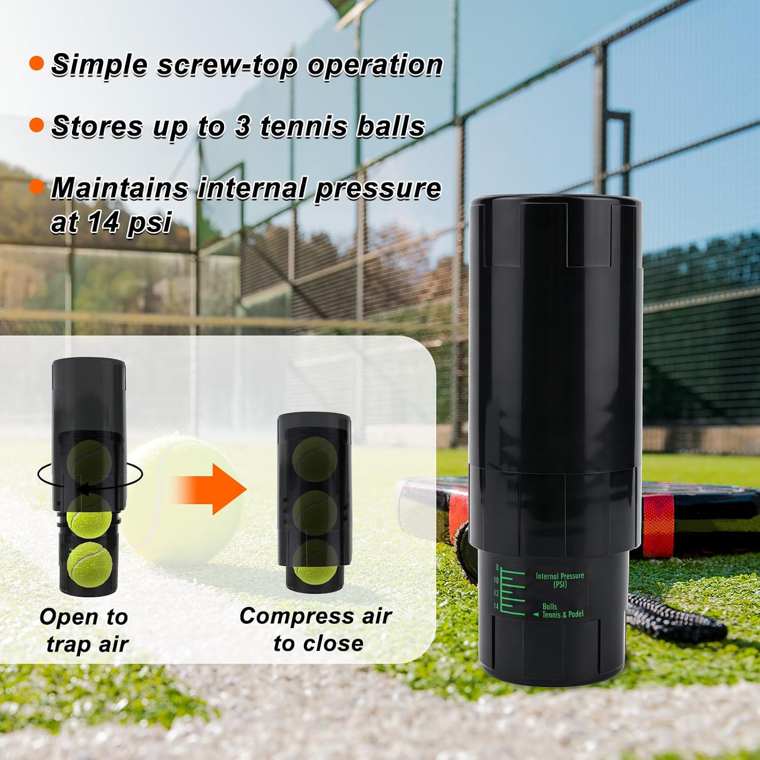 Tennis Ball Pressurizer Storage Canister, Holds 3 Balls 14 PSI Tennis Balls Saver Airtight Container Maintains Fresh Pod Bounce Reusable Ball Pressure Keeper Holder for Club Players (Black) - Image 4
