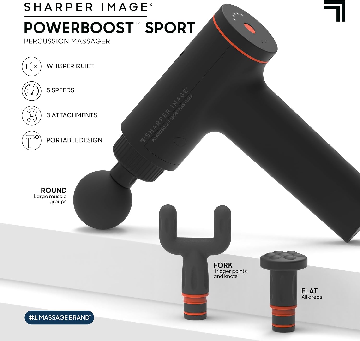 Sharper Image® Powerboost™ Sport Percussion Massager, Lightweight Portable Design with Quiet Drive Technology, Includes 3 Attachments - Image 2