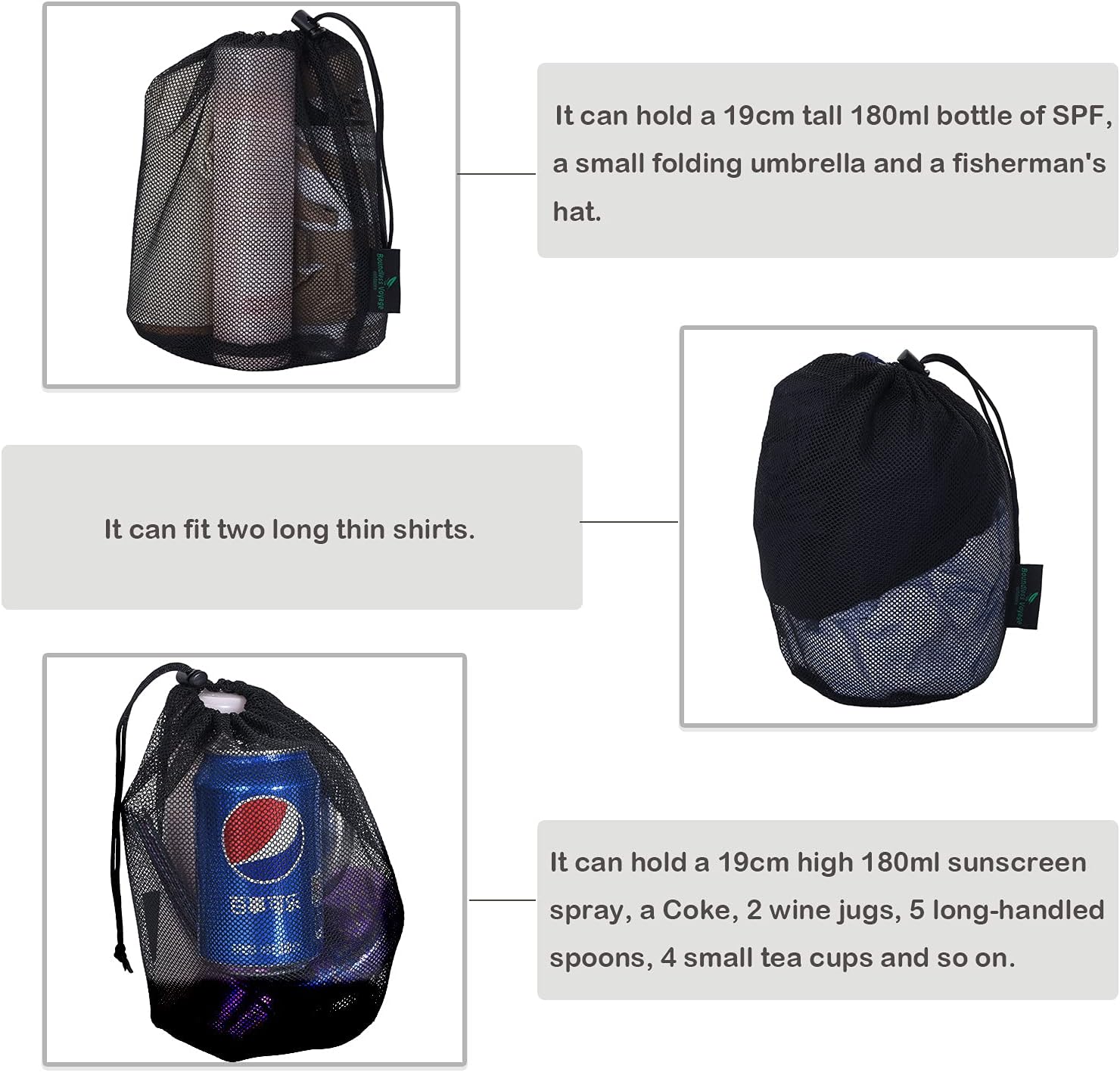 iBasingo 5pcs Black Mesh Nylon Sack With Drawstring - Durable Small Travel Sleeping Bag Stuff Sack for Cosmetics, Shower Gels, Bottles, Tennis Balls, Golf Balls, Tools - BVP03 - Image 4