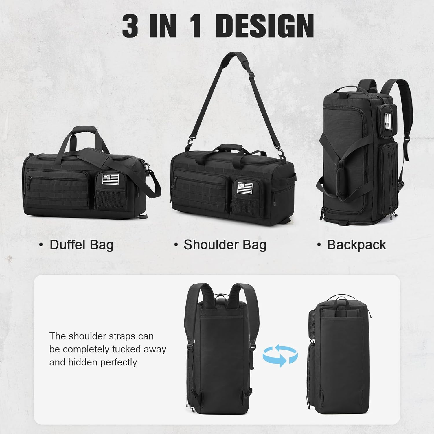 G4Free 3-in-1 Travel Duffle Bag for Men and Women, 50L Large Gym Sports Bags Tactical Military Duffle Backpack with Shoes Compartment and Wet Pocket (Black) - Image 2
