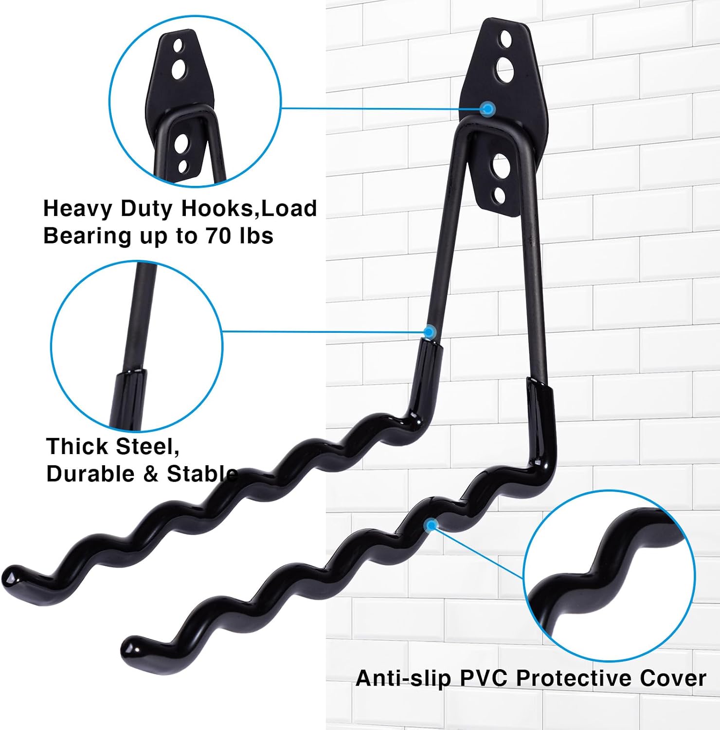 Tennis Racket Storage Hanger,Tennis Racket Holder Rack Wall Hooks for Garage,Heavy Duty Hanger Metal Badminton Racket Holder Hooks for Cables, Ropes and Hoses,Extension Cord Holder,2 Packs(Black) - Image 6